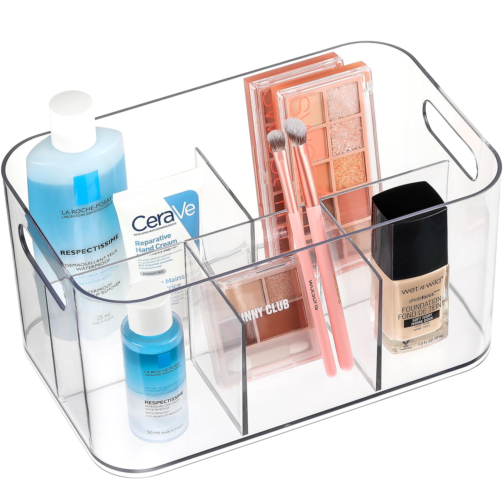 5-Compartment Clear Plastic Bin - Divided Art Supplies, Cosmetic Makeup Caddy Organizer - Multiuse Storage Container for Vanity, Bathroom, Kitchen, Office, Craft, Shower, Cleaning Items, (1 Pack)