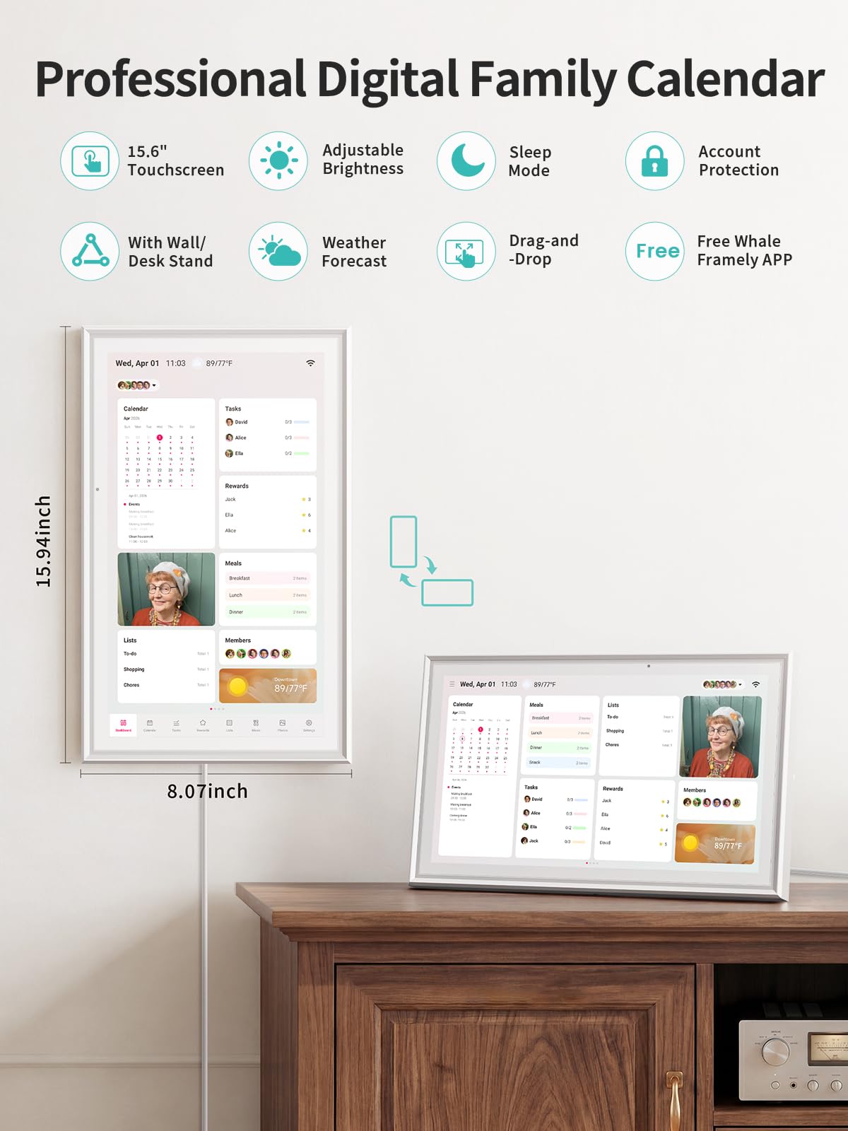 Digital Calendar 15.6 Inch - Smart Chore Chart & Wall Planner, No Subscription Electronic Calendar for Family, Meals, Photo Display, Wall/Desk Mount, Touch Screen, Gifts for Women Men, Gifts for Mom