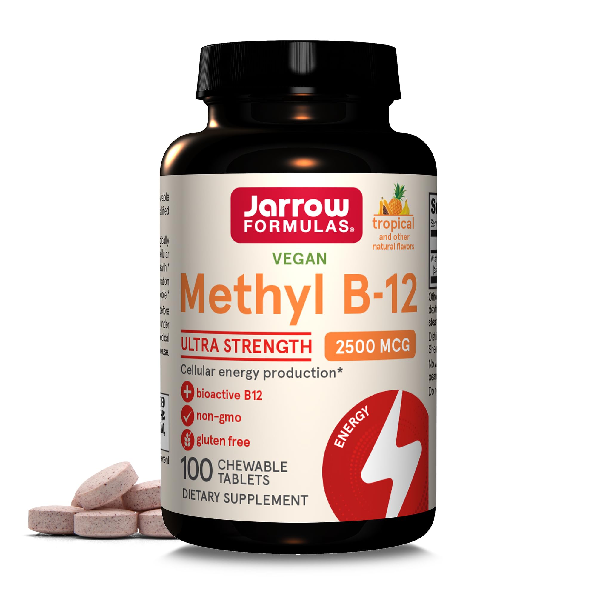 Jarrow Formulas Ultra Strength Methyl B-12 2500mcg, Dietary Supplement for Cellular Energy Production and Brain Health Support, 100 Tropical-Flavored Chewable Tablets, 100 Day Supply