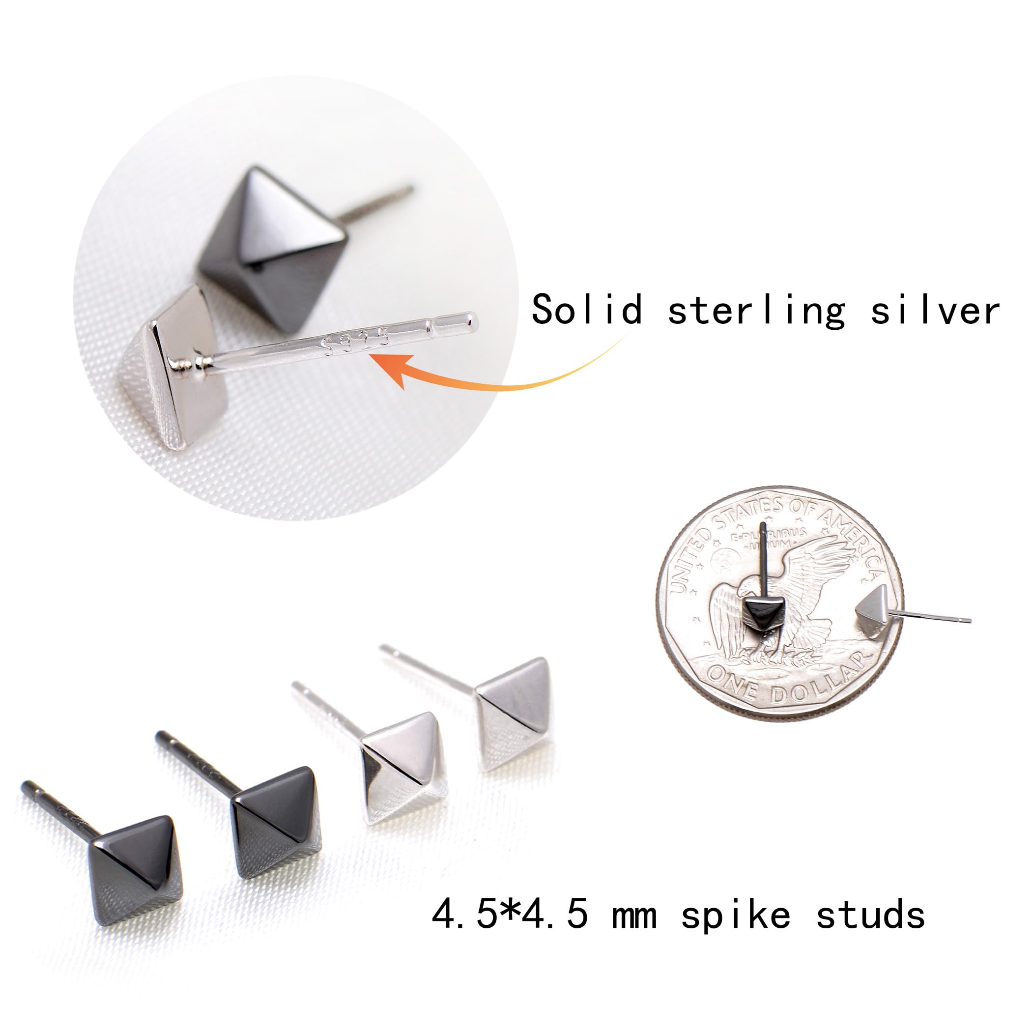 Paialco Sterling Silver 5MM Square Spike Studs Black Earrings for Men Women, Hypoallergenic Stylish Punk Earrings Jewelry