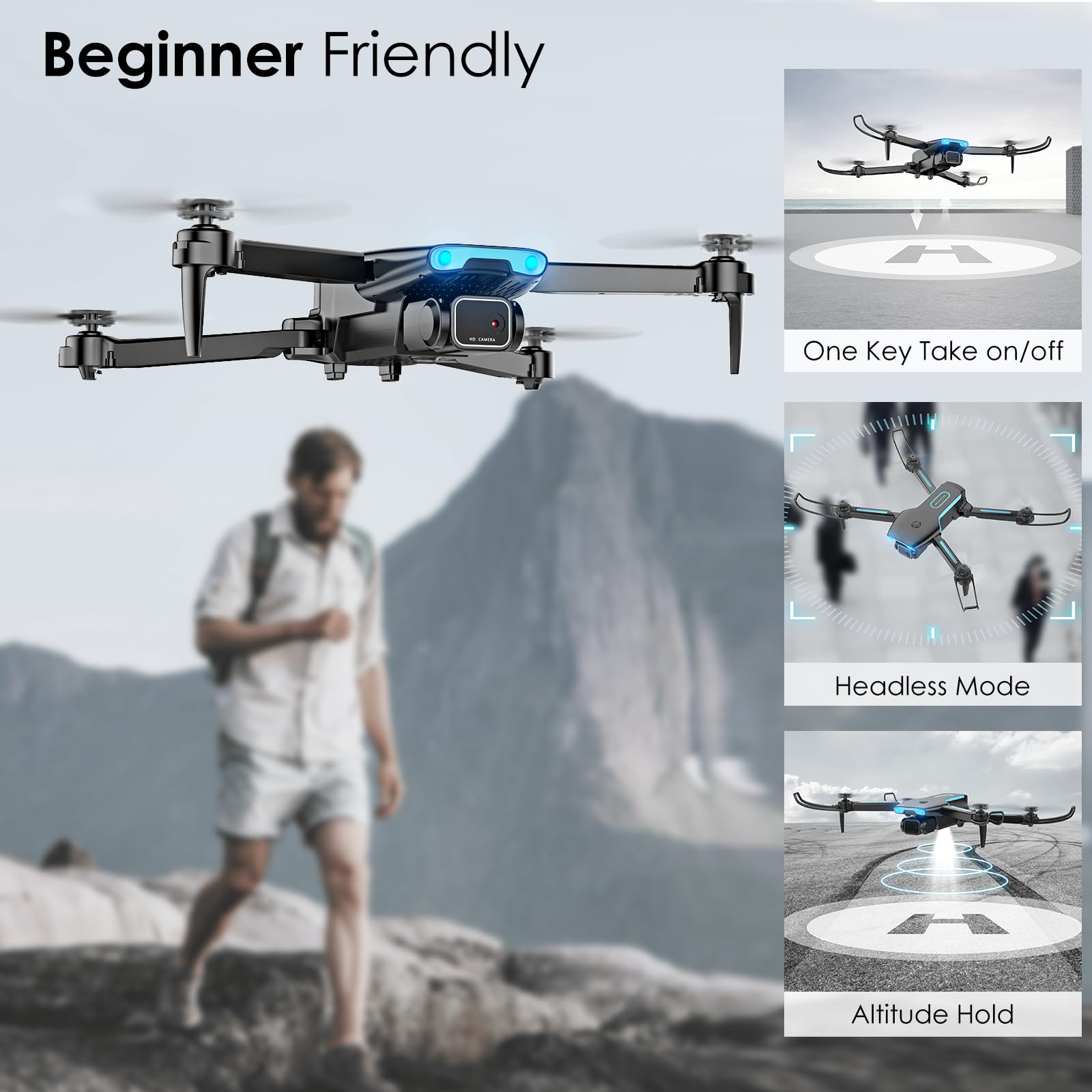 Bokigibi Drone with 1080P HD FPV Camera, RC Aircraft Quadcopter with Headless,3D Flips, One Key Start, Voice/Gravity Control, Speed Adjustment, 2 Batteries, Foldable Drone for Kids, Beginners