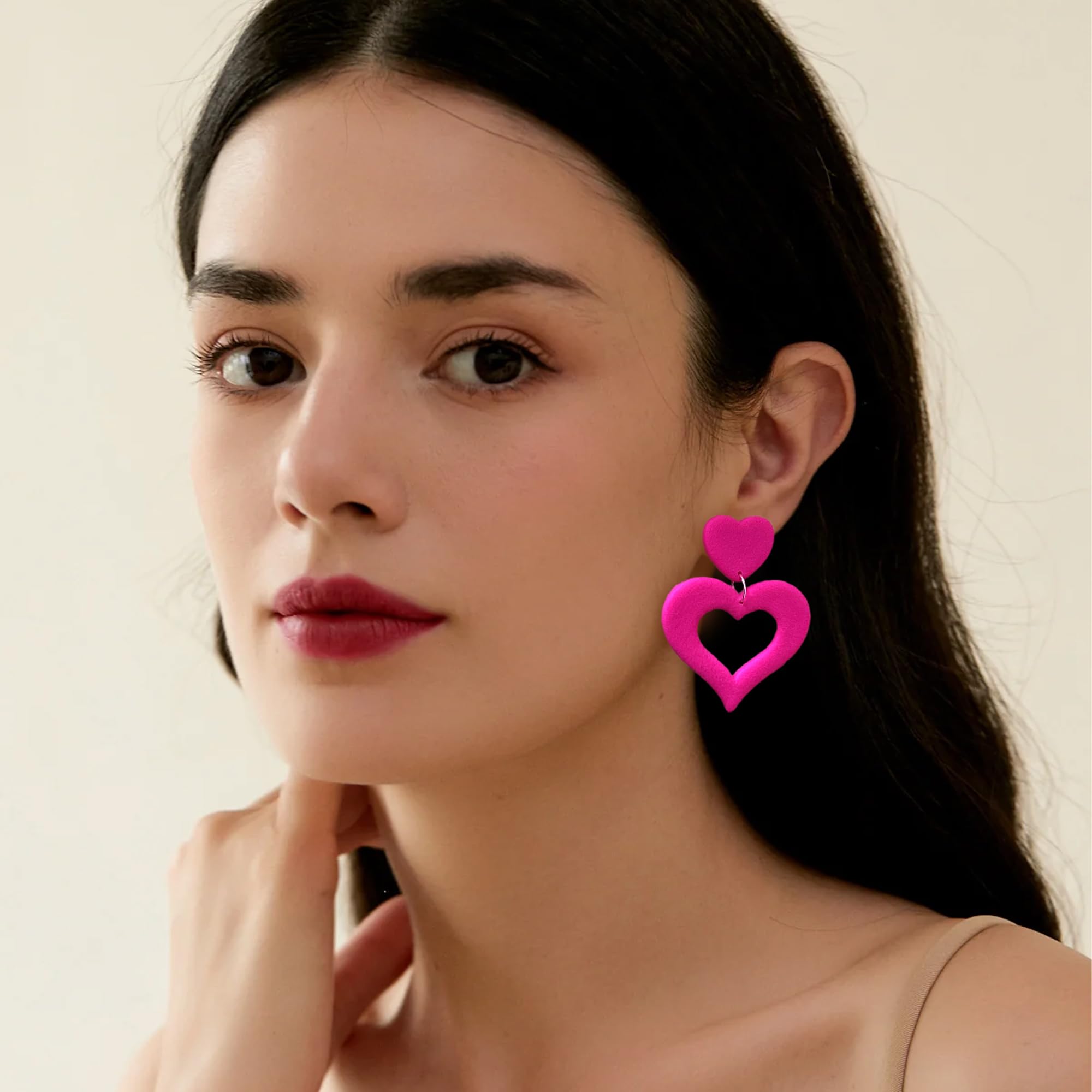 Handmade Hot Pink Heart Earrings Lightweight Heart Dangle Earrings For Women Dangling Heart Shaped Earrings Mother's Day Valentine's Day Gift