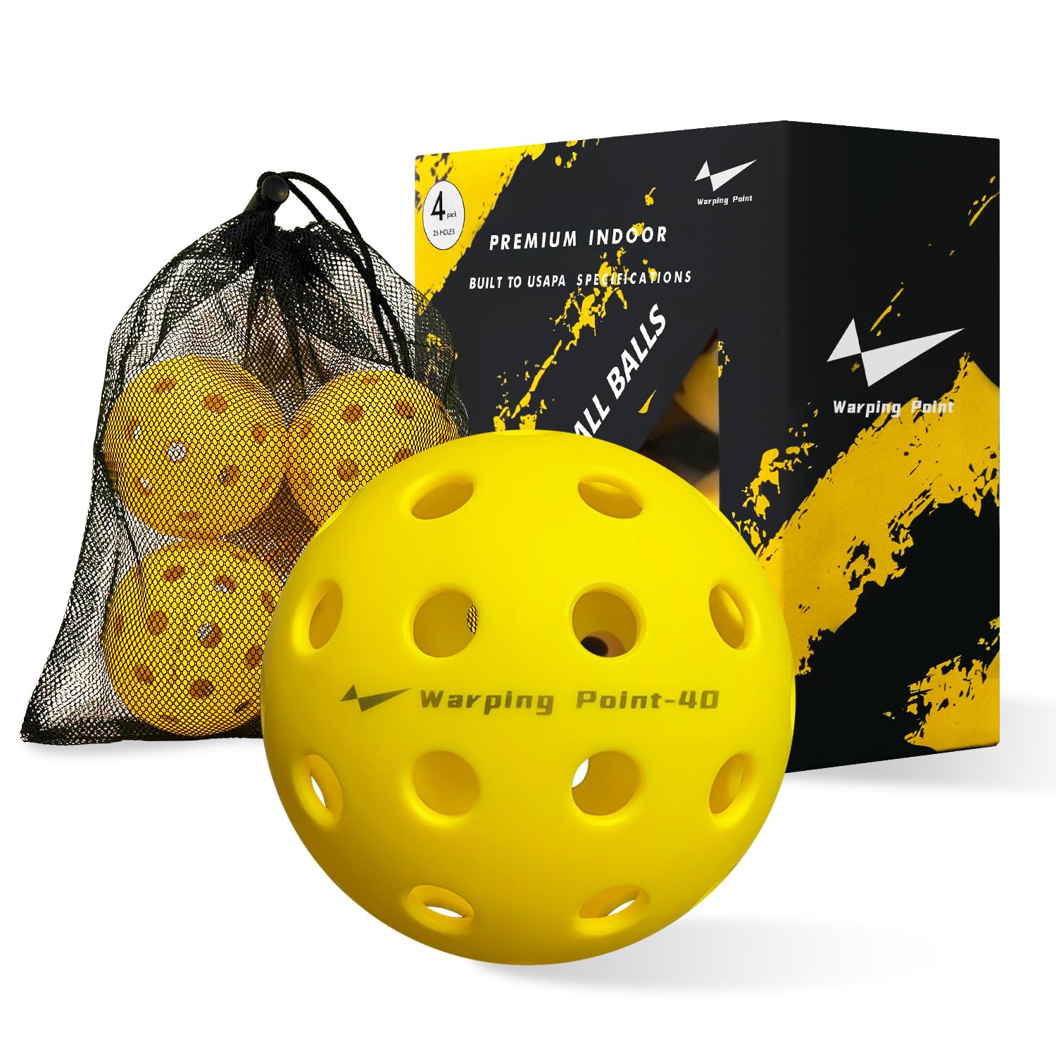 Warping Point Outdoor Pickleball Balls, 4 Pack 40 Holes Yellow PickleBalls with Mesh Bag, Meet USAPA Specifications, High Bounce Durable Practice Pickle Ball for Beginners Intermediate Player