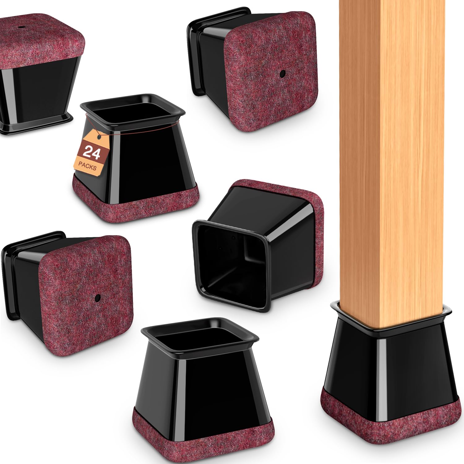 Chair Leg Floor Protectors Square Chair Leg Protectors for Hardwood Floors Silicone Caps Felt Strengthen Bottom Protection Non Slip Reduce Noise 24 Pack Black Square L Fit:1-1/8" ~ 1-9/16" (27~40mm)