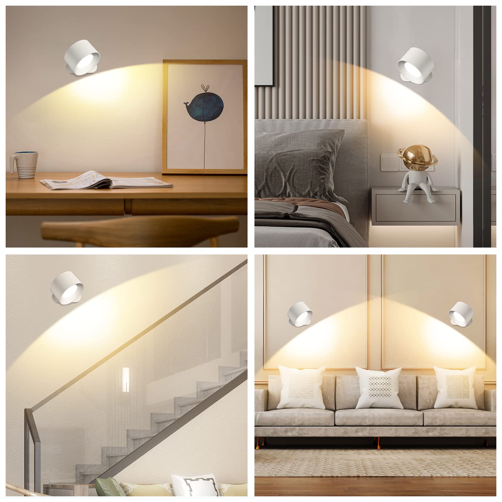 Deyagoo LED Wall Sconce, Wall Mounted Lamp with Rechargeable Battery Operated 3 Color Temperature & 3 Brightness Level 360°Rotate Magnetic Ball, Cordless Wall Light for Reading Bedside-White