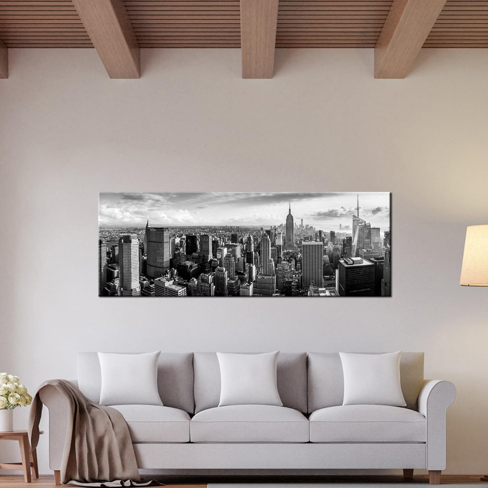 LevvArts New York Canvas Wall Art Black and White City Skyline Picture Panoramic Photo Canvas Print Modern Home Office Living Room Wall Decoration Ready to Hang 20"x55"