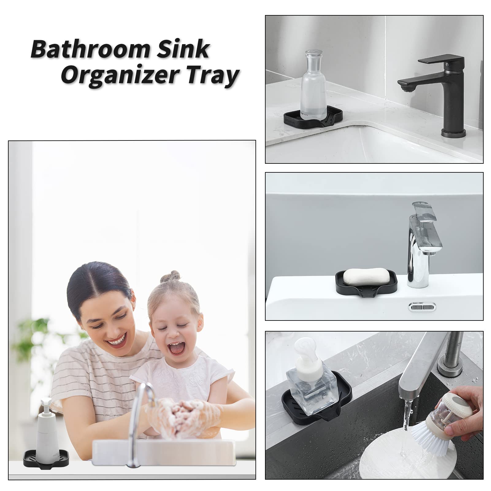 MicoYang Silicone Bathroom Soap Dishes with Drain Spout-Bathroom and Kitchen Sink Organizer,Sponge Holder,Dish Soap Tray,Perfect for Dispenser,Scrubber,Bottle,Cup on Sink or Counter-Black 4.9"×3.2"