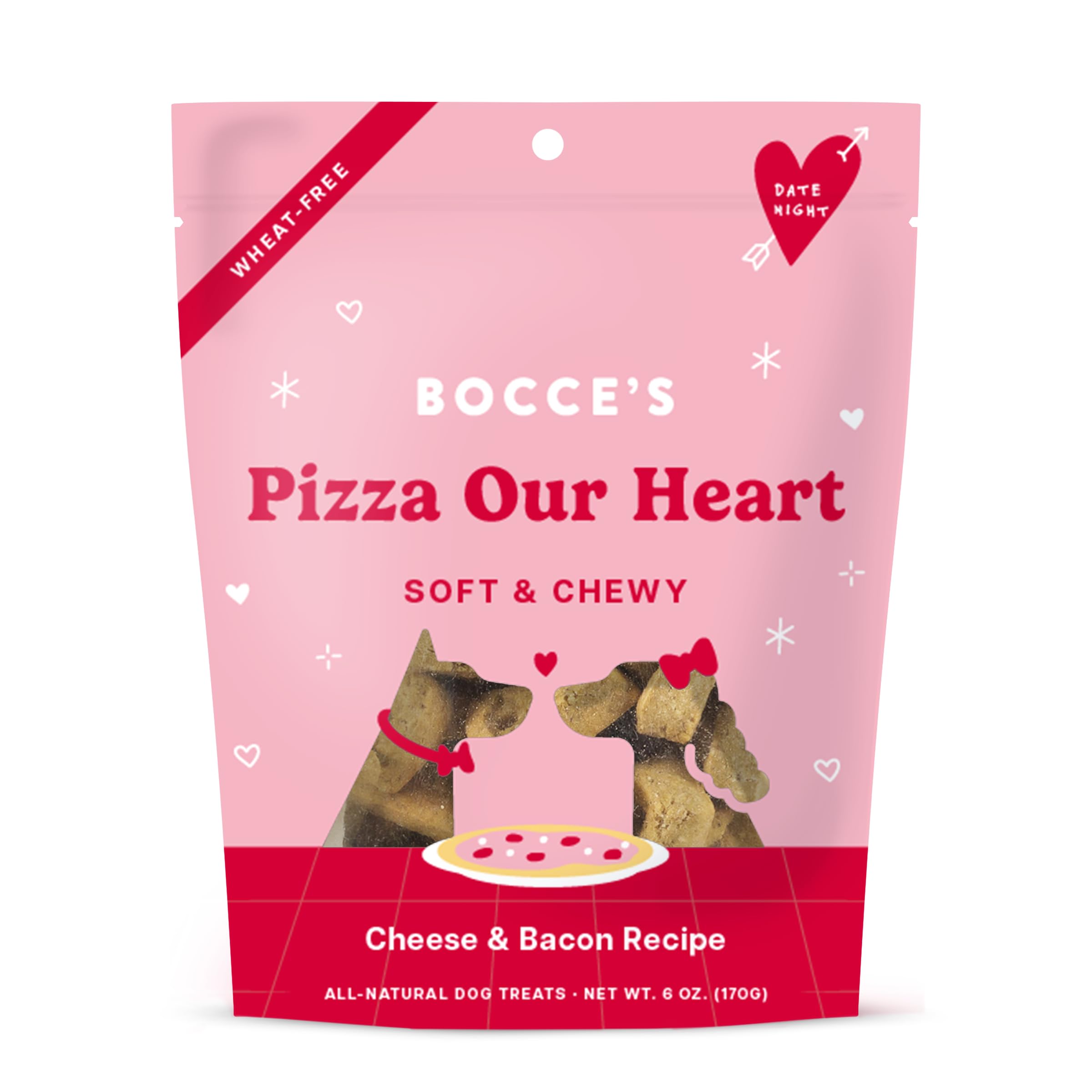 Bocce's Bakery Pizza Our Heart Treats for Dogs, Wheat-Free Everyday Dog Treats, Made with Real Ingredients, Baked in The USA, All-Natural Soft & Chewy Cookies, Cheese & Bacon, 6 oz