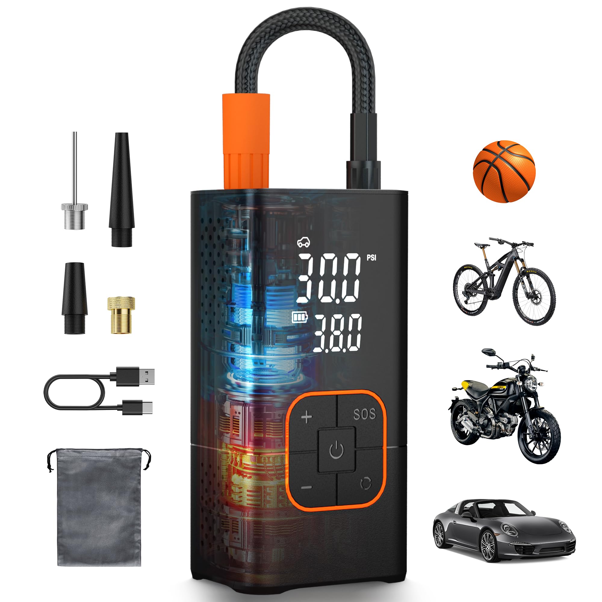 Tire Inflator Portable Air Compressor-150PSI Bike Pump, Portable Tire Inflator Cordless with Tire Pressure Gauge LED Lights, Air Pump for Car Tires, Bike, Motorcycle, Ball (Orange)