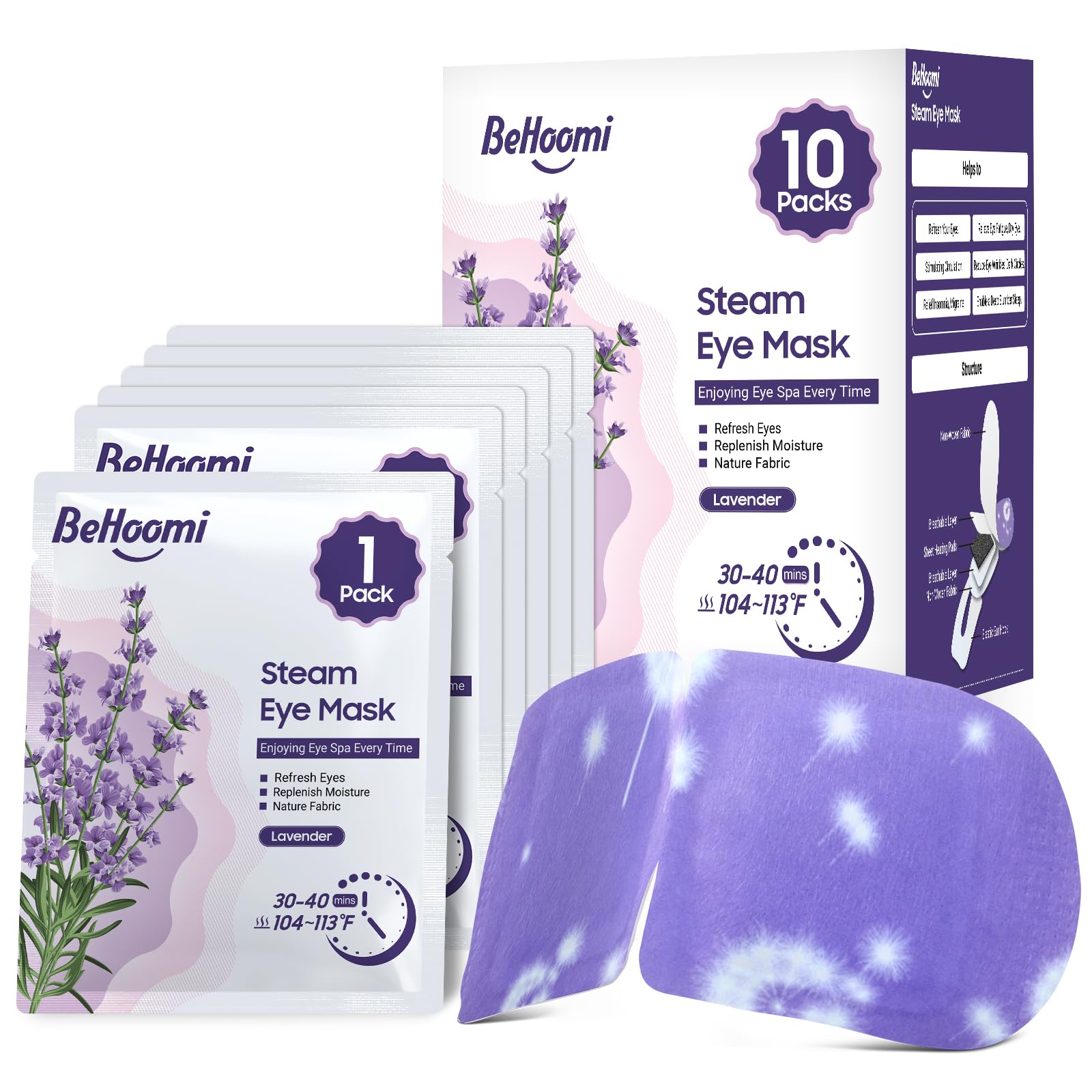 BeHoomi Steam Eye Mask, 10 Packs Heated Eye Mask, Self Heating Disposable SPA Warm Compress for Eyes Sleep Mask, Travel Essentials & Relaxation Gifts, Stocking Stuffers (Lavender Scent)