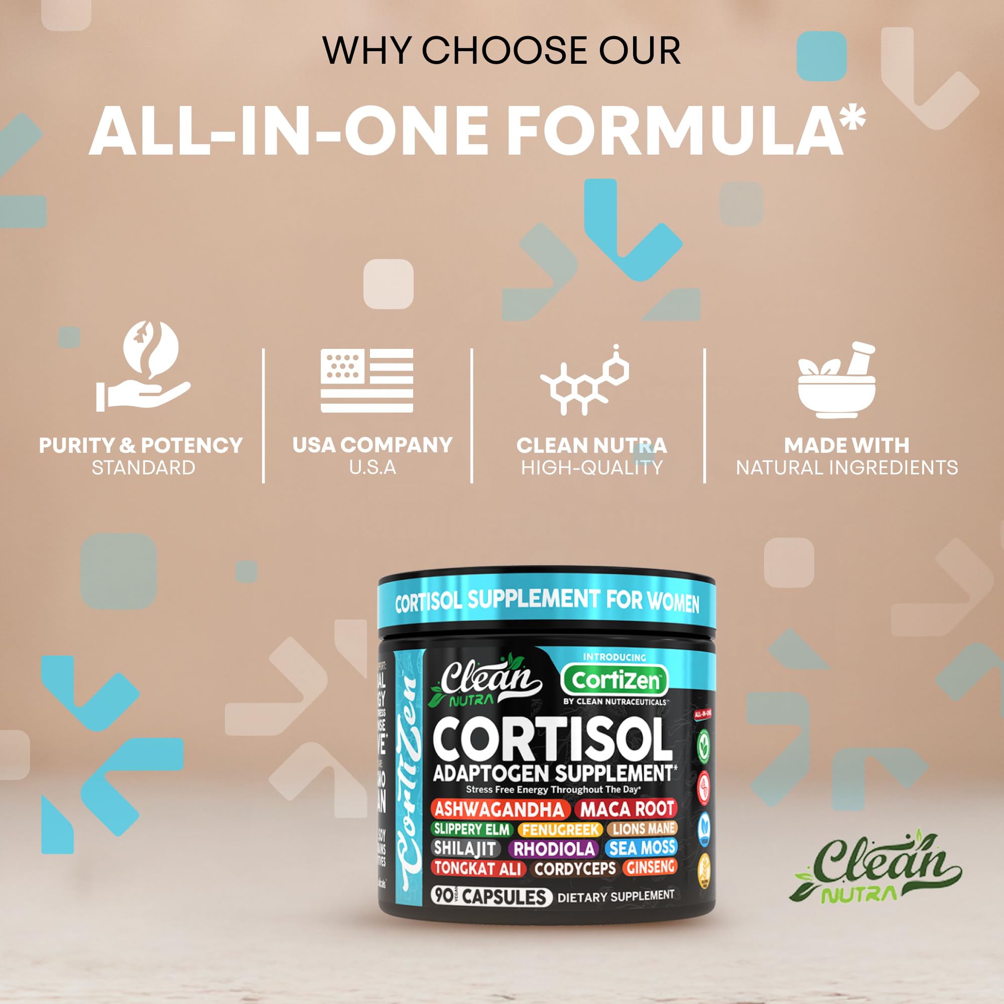 Clean Nutra Cortisol Supplements For Women | Maca Root Ashwagandha Cortisol Detox Manager Reducer + Slippery Elm Fenugreek Lions Mane Shilajit Rhodiola Sea Moss Tongkat Ali Cordyceps Ginseng Beet Root