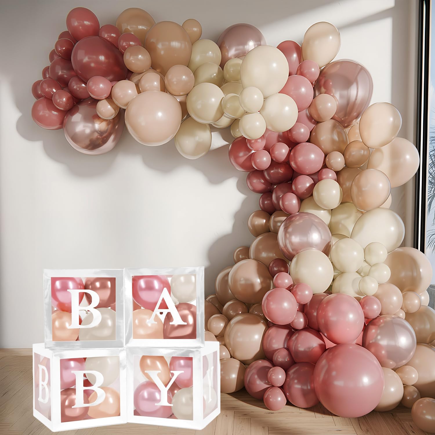 Balloon Garland Arch Kit – 146 Pcs Dusty Pink, White Sand, Nude & Rose Gold Balloons &Baby Shower Boxes with Letters – White Boxes with Rose Gold, Dusty Pink, Sand & White Balloons