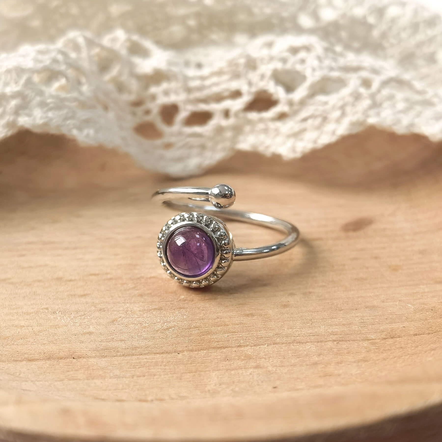 Amethyst Ring, Adjustable Silver Crystal Rings for Women, Vintage Handmade February Birthstone Ring Jewelry Gift (Amethyst)