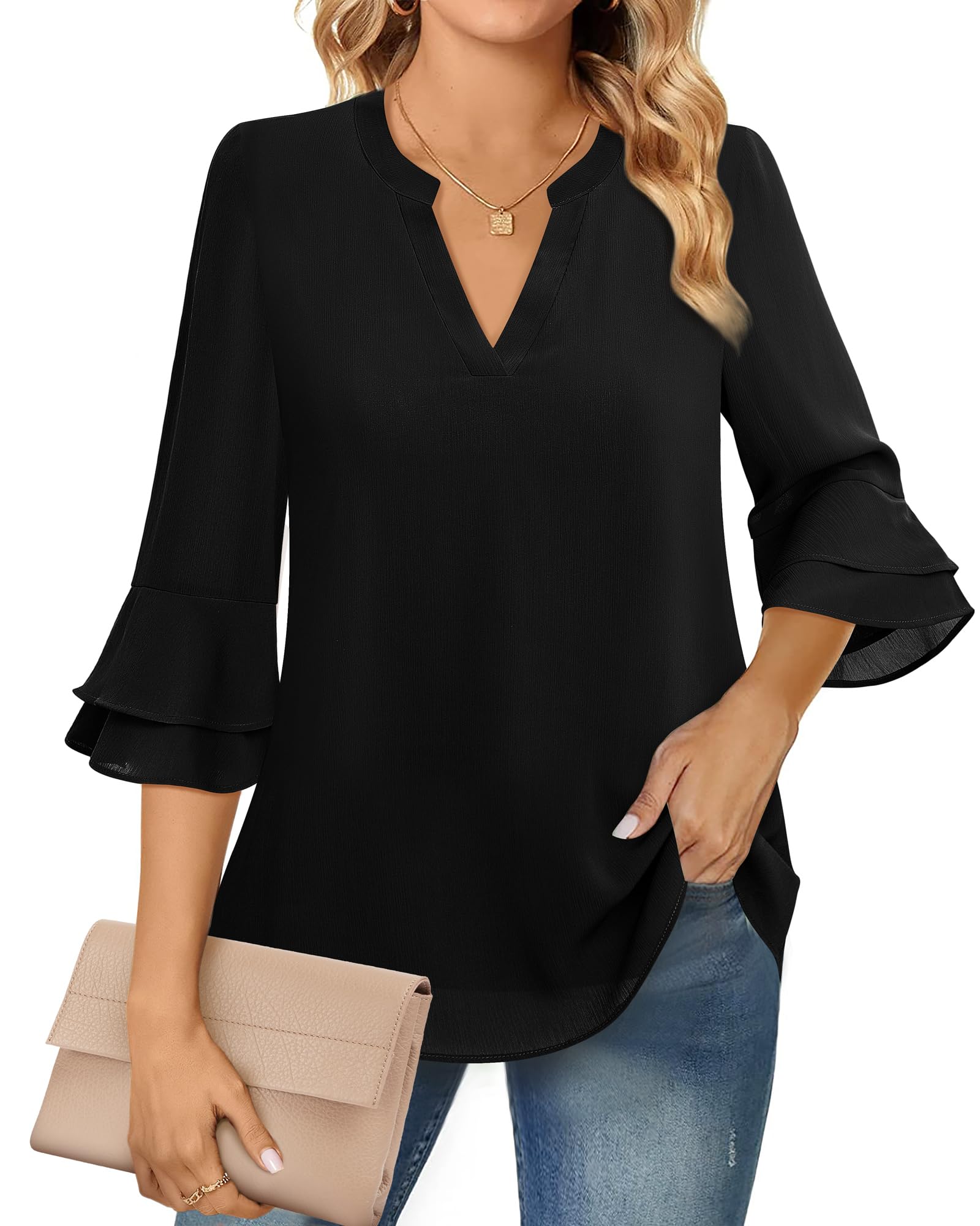 Lotusmile Blouses for Women Dressy Casual, Notch V Neck Tunic Flowy 3/4 Bell Sleeve Tops for Women Summer Chiffon Layers Elbow Length Top Loose Fitting Office Shirt Black