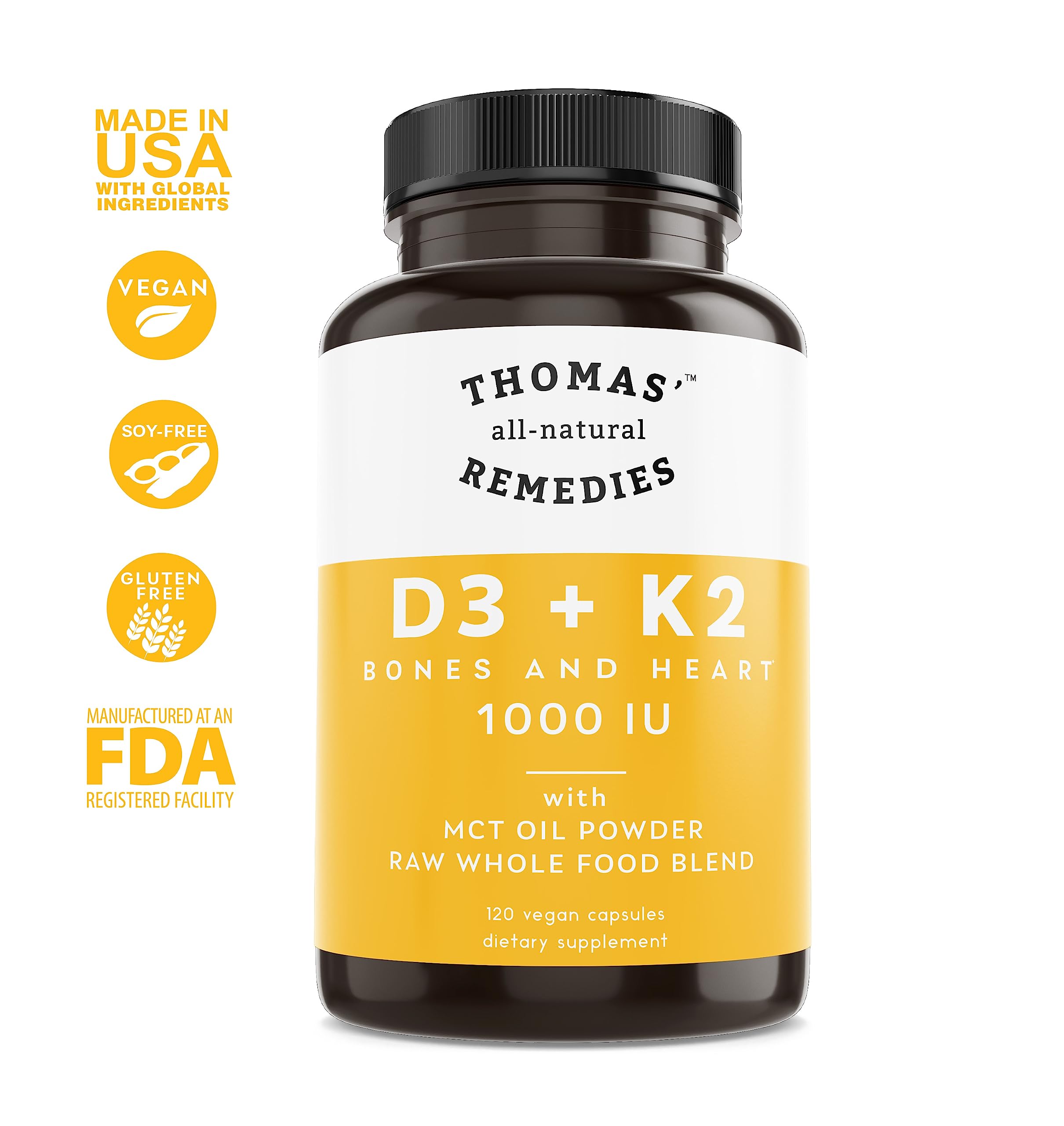 Thomas' all-natural Remedies D3 + K2 with MCT Oil for Better Absorption & Raw Whole Food Blend, 1000 IU D3, Vegan, Made in USA, Support for Your Heart, Bones & Teeth, Non-GMO (120ct)