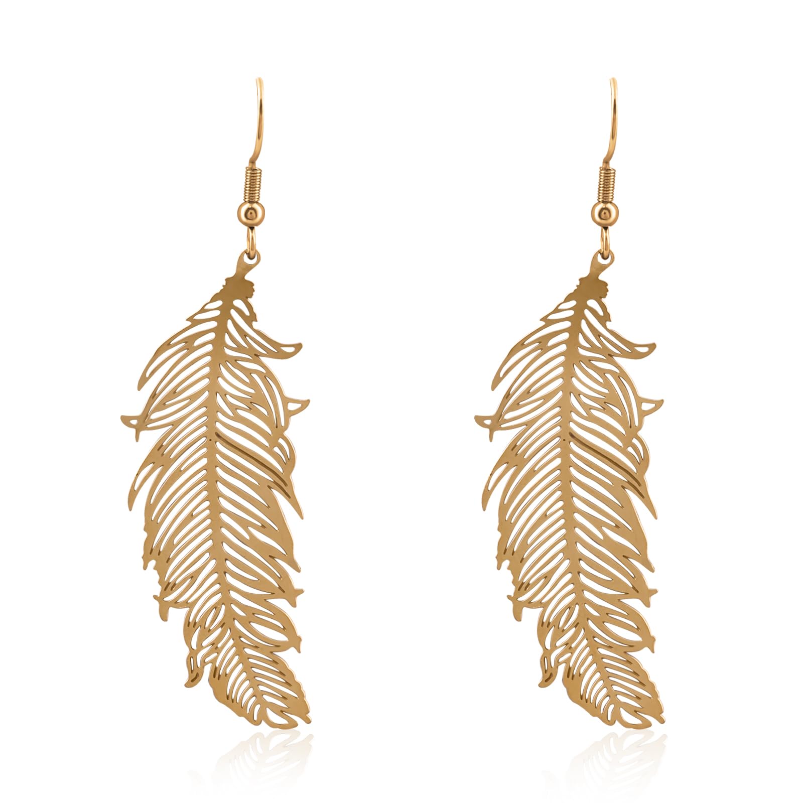 Gold Feather Leaf Drop Dangle Earrings for Women, Handmade Long Earrings Hypoallergenic Plant Earrings for Gift