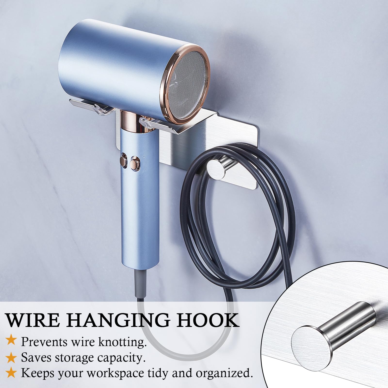 Hair Dryer Holder Wall Mounted, Blow Dryer Holder, Adhesive Hairdryer Holder for Bathroom, Hair Tool Organizer for Blowdryer Storage, Stainless Steel Hairdryer Organizer Blow Dryer Wall Hanger Stand