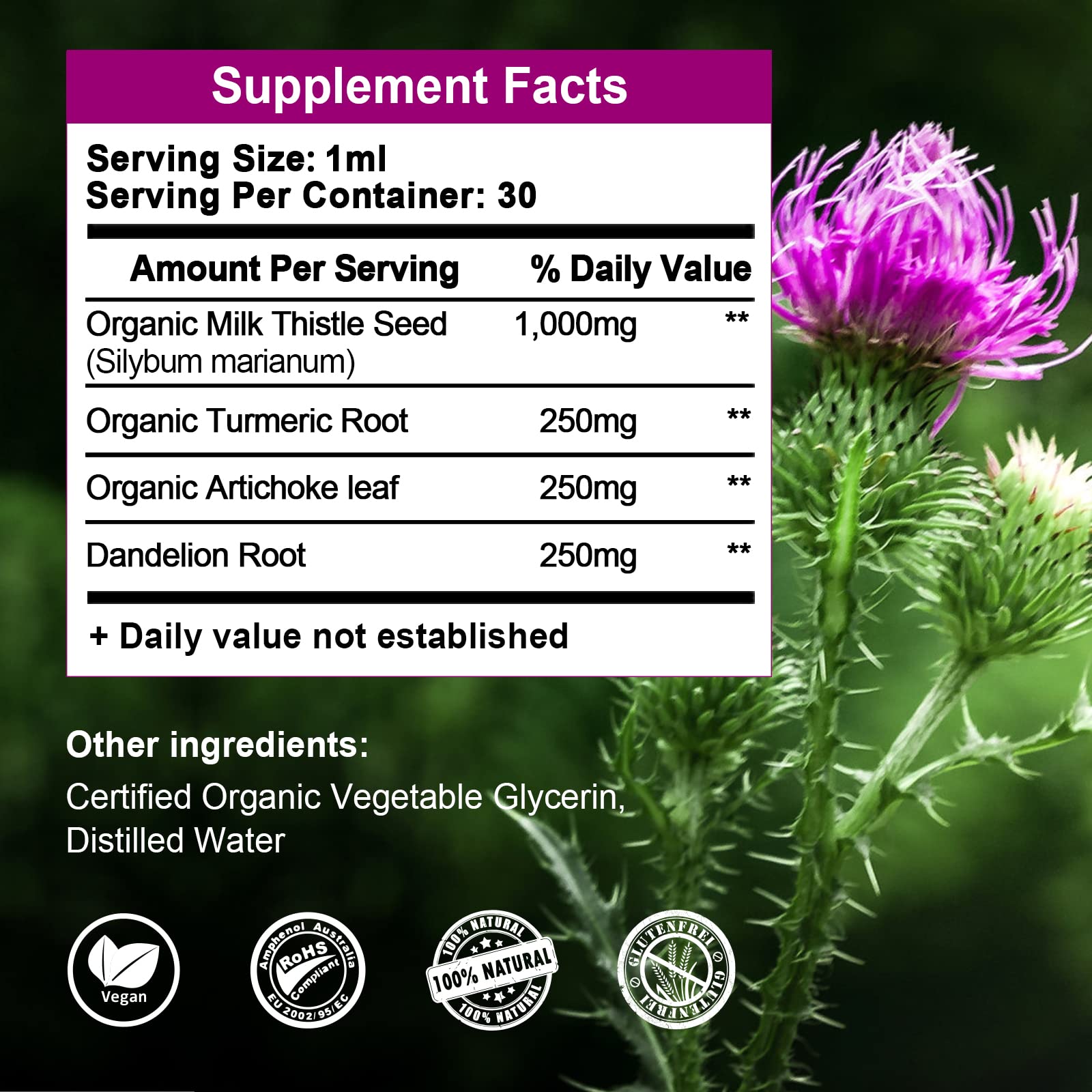 Liver Health Support Liquid, 1000mg Milk Thistle 80% Silymarin Extract & 250mg Dandelion Root Extract, Liver Cleanse Detox & Repair Fatty Liver Formula, Vegan, Non-GMO and All-Natural