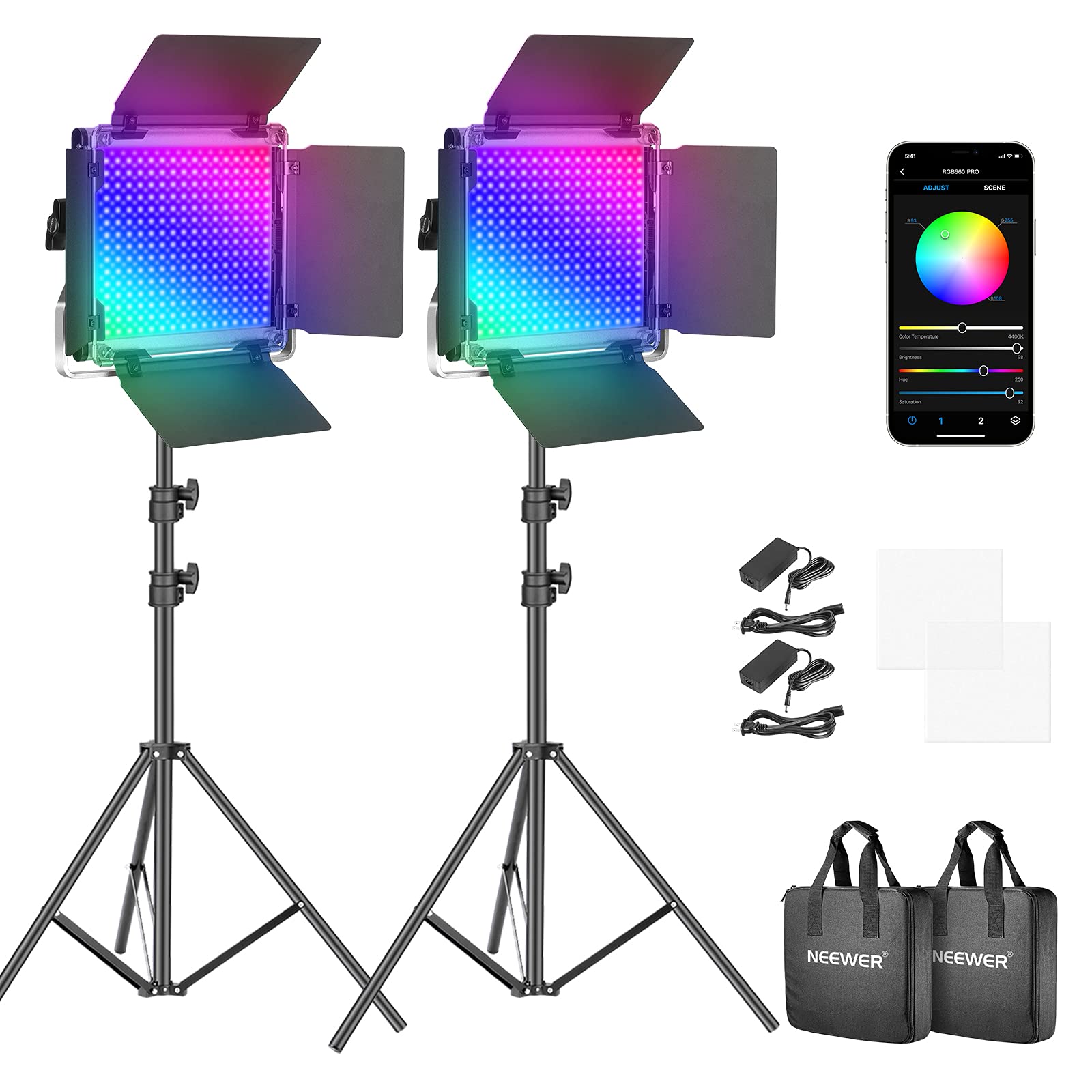 NEEWER 2 Pack 660 PRO RGB LED Video Light with App Control Stand Kit, 360° Full Color, 50W Dimmable Bi Color 3200K~5600K Studio Panel Lights CRI 97+ for Gaming Streaming Zoom YouTube Webex Photography