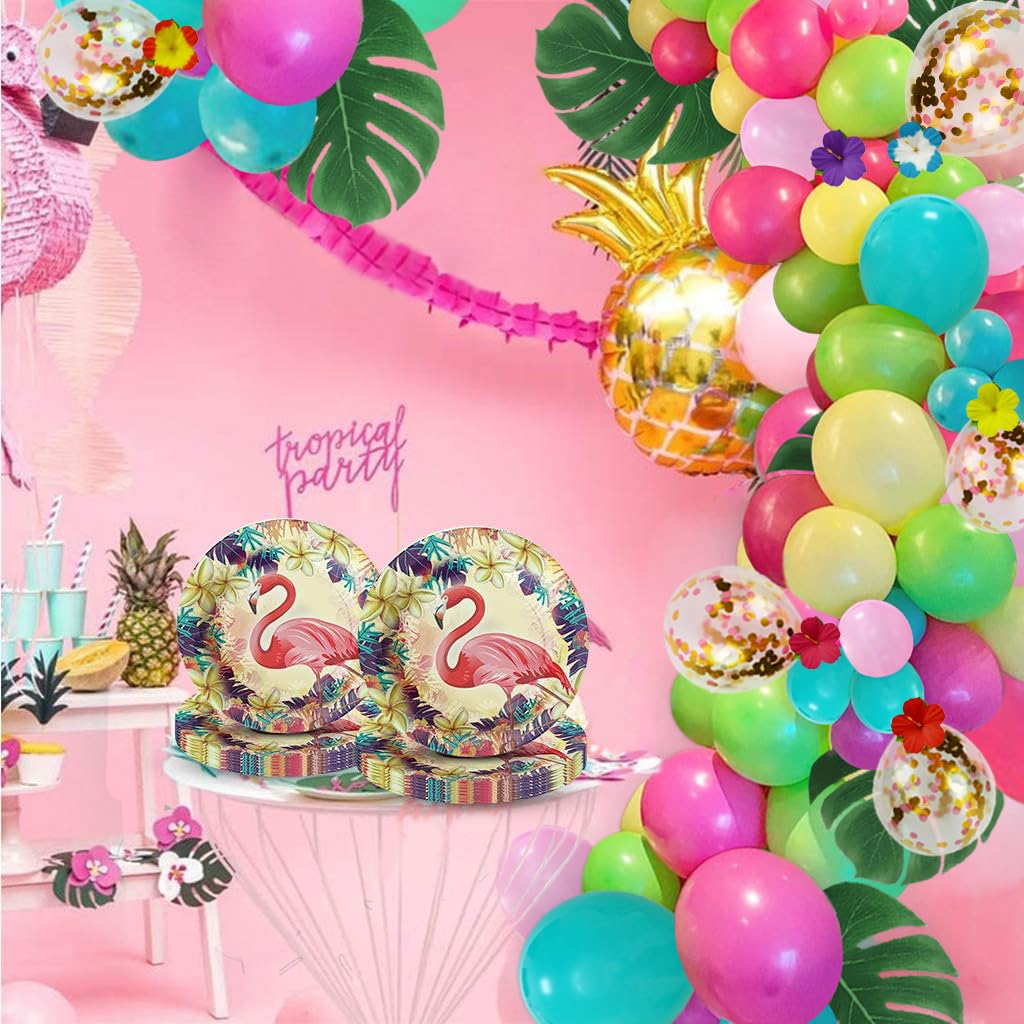 Tropical Luau Balloon Arch Kit with Green Pink Blue Balloons and Palm Leaves Hibiscus Flowers for Hawaiian Luau Tiki Tropical Birthday Party Decorations Supplies, 12/10/5 Inch