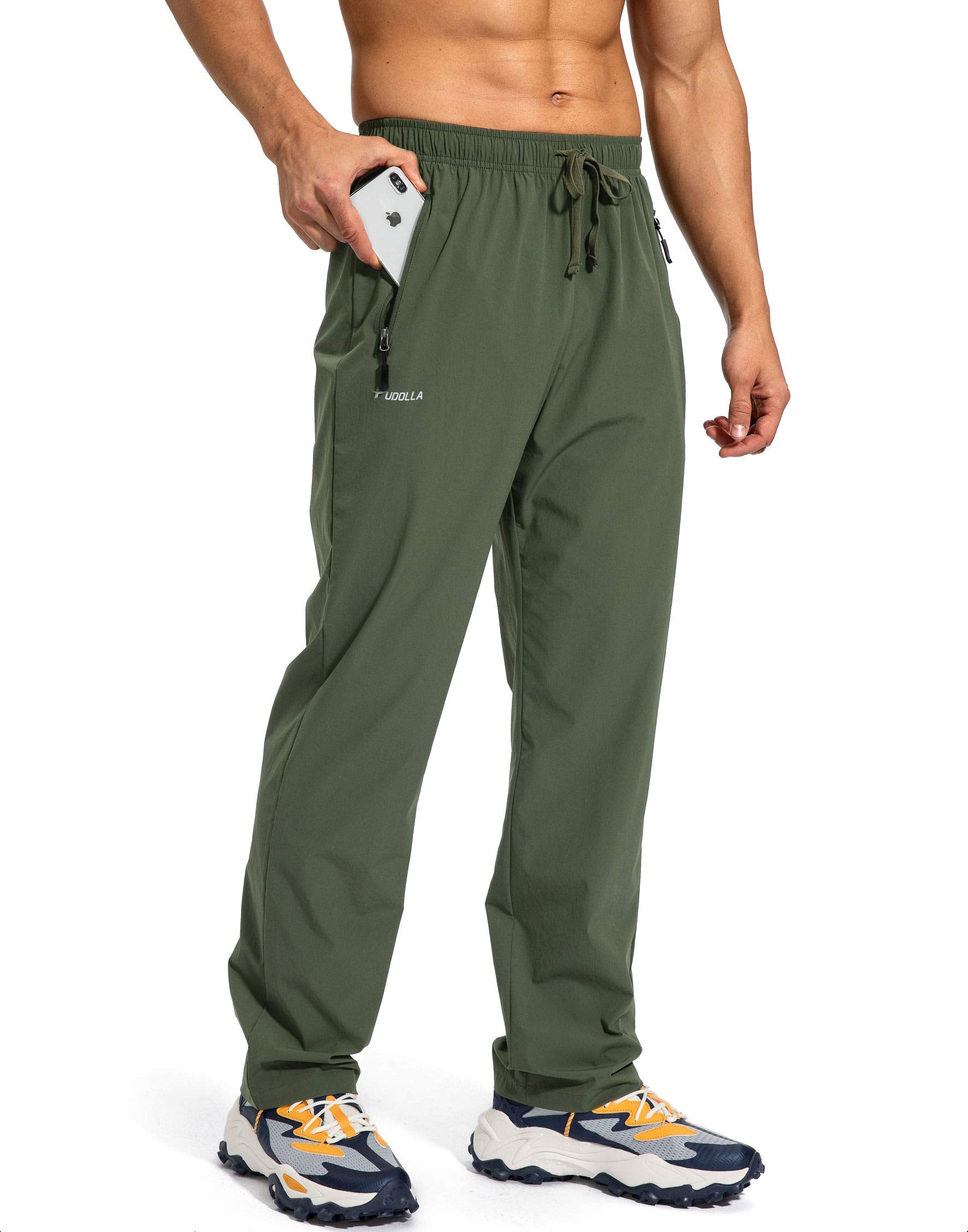 Pudolla Men's Workout Athletic Pants Elastic Waist Jogging Running Pants for Men with Zipper Pockets(Olive Medium)