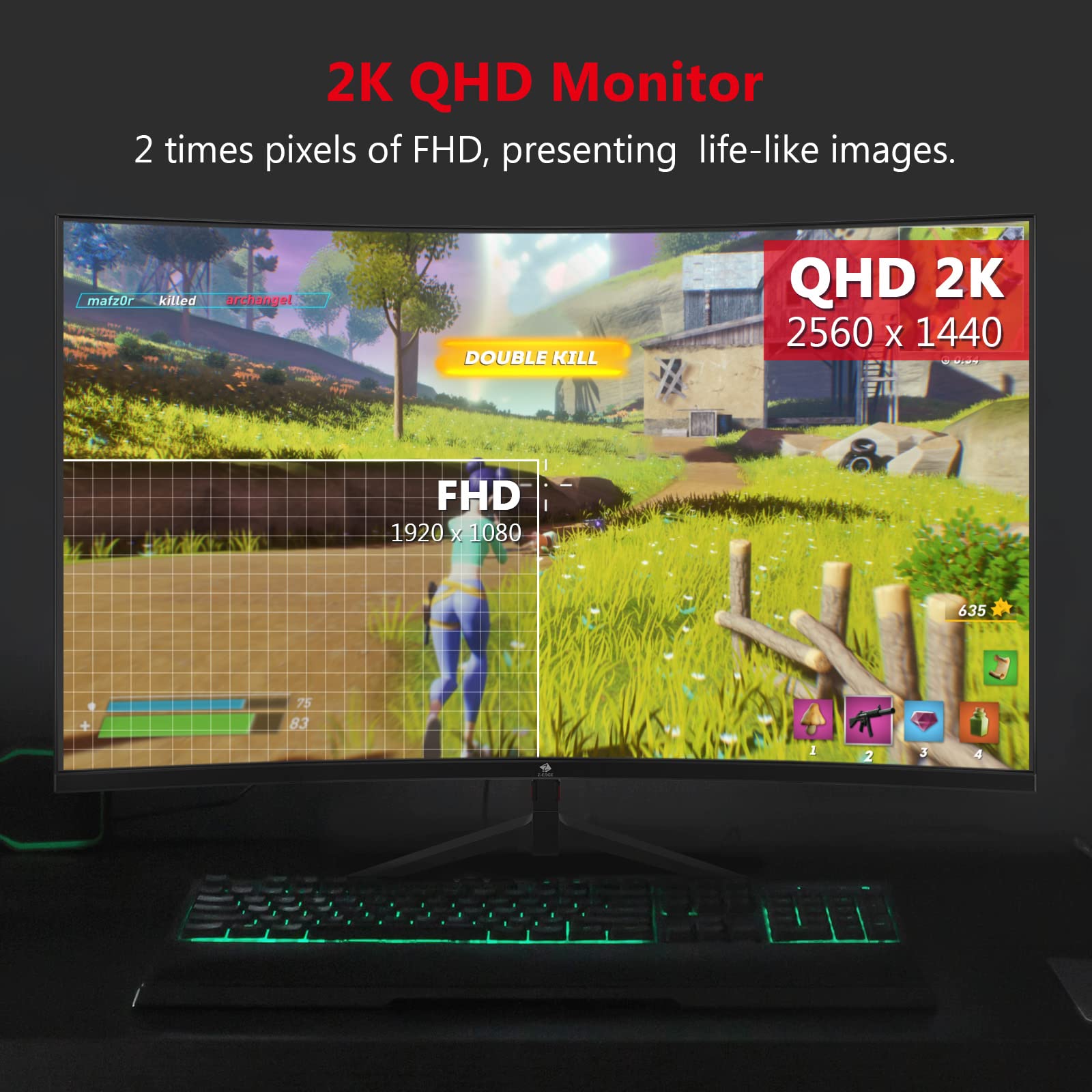 Z-Edge 27-inch Curved Gaming Monitor 16:9 2560x1440 165/144Hz 1ms Frameless LED Gaming Monitor, UG27Q AMD Freesync Premium Display Port HDMI Built-in Speakers