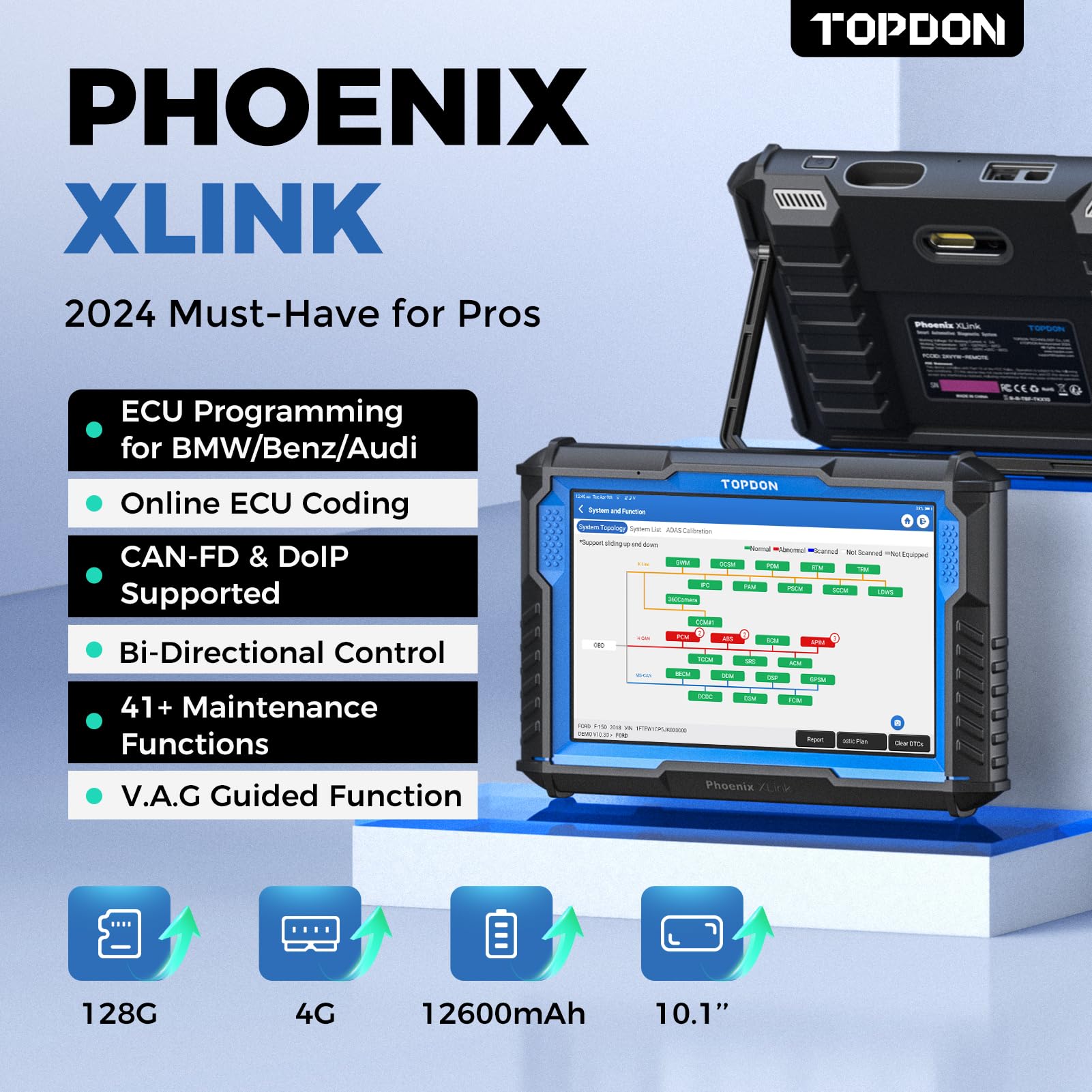 TOPDON Phoenix XLink Scan Tool, ECU Programming, Online ECU Coding, Upgraded of Phoenix Plus, Topology Mapping, 41 Services, Bi-Directional Scanner, Guided Function, CAN FD/DoIP, 2 Years Free Update