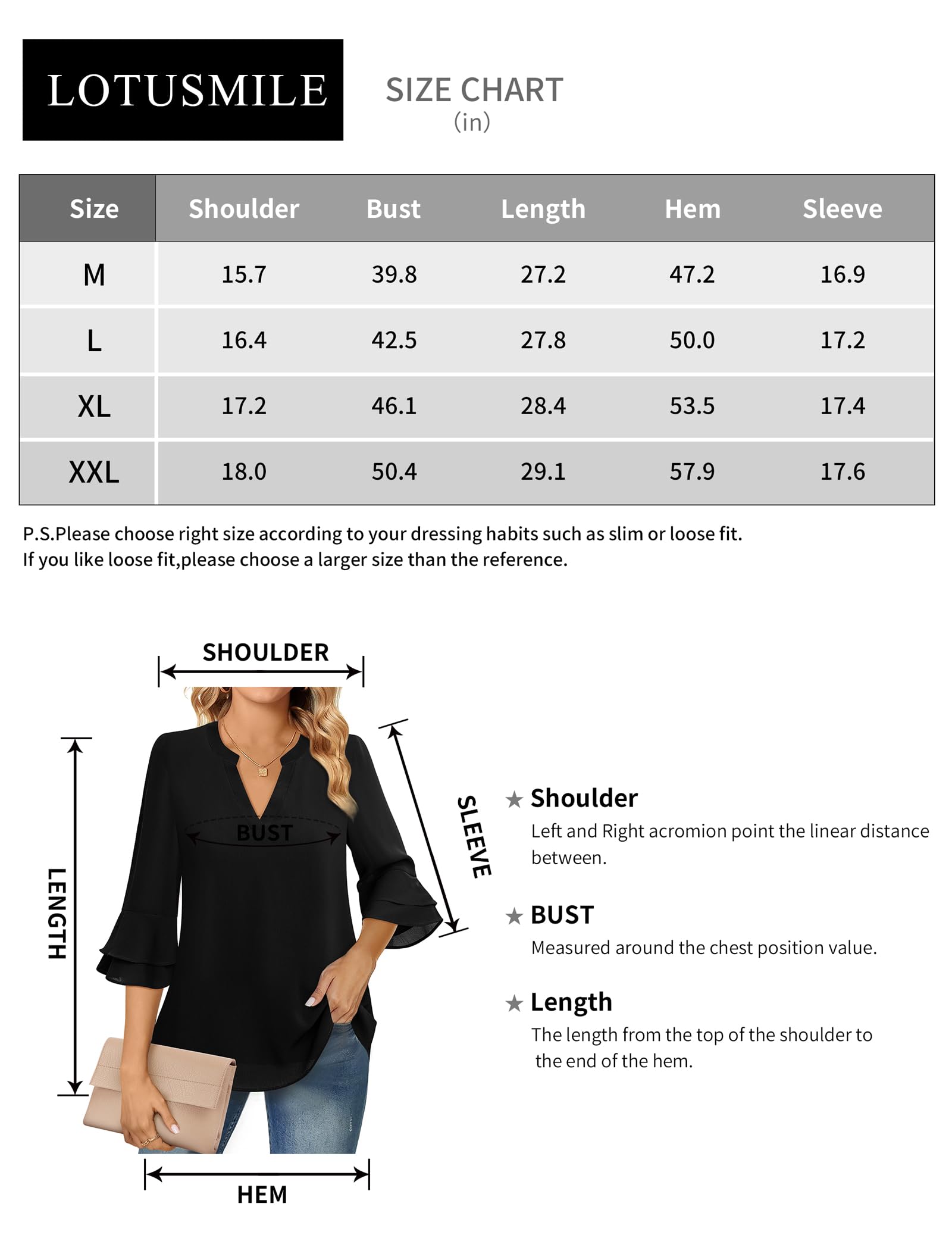 Lotusmile Blouses for Women Dressy Casual, Notch V Neck Tunic Flowy 3/4 Bell Sleeve Tops for Women Summer Chiffon Layers Elbow Length Top Loose Fitting Office Shirt Black