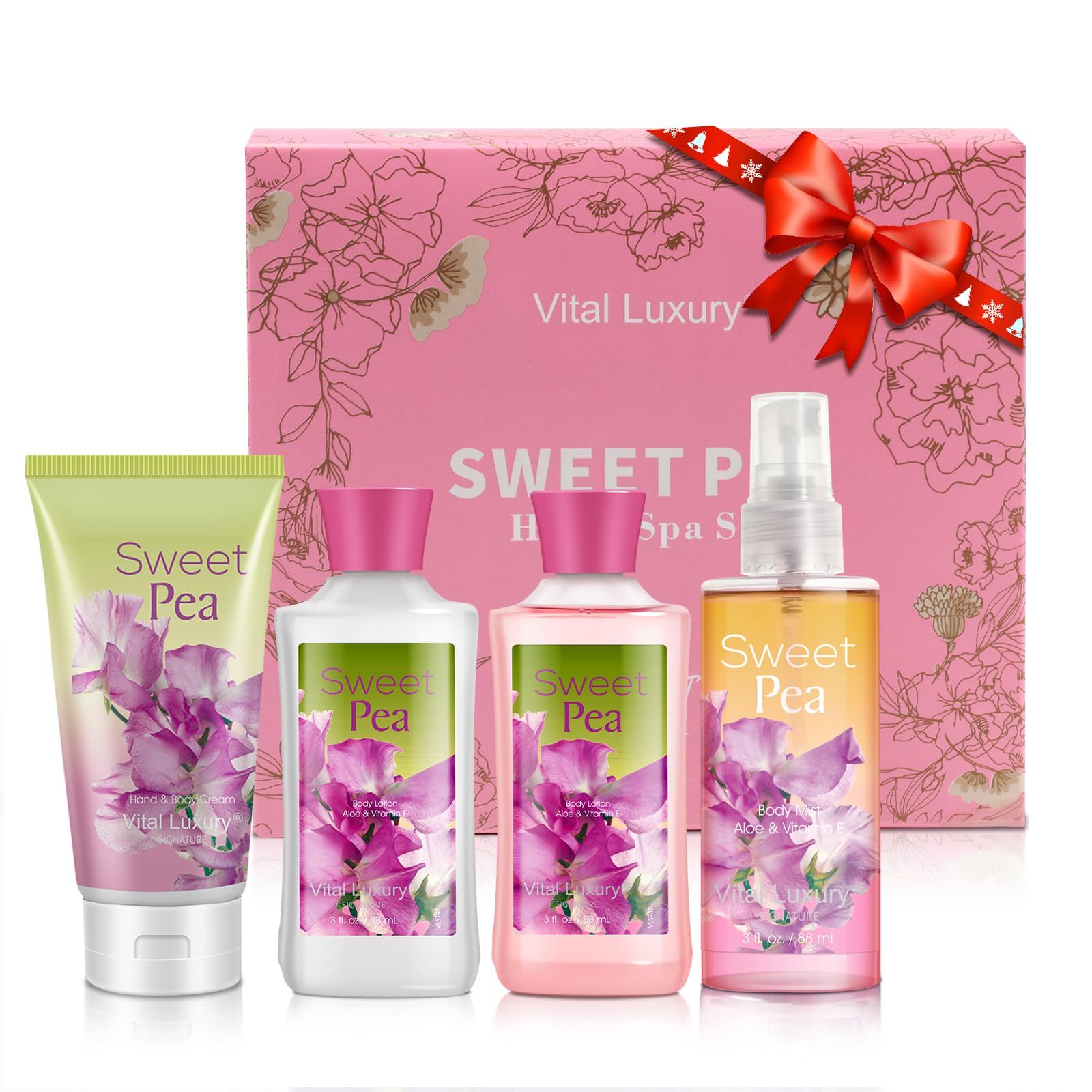 Vital Luxury Sweet Pea Bath & Body Kit, 3 Fl Oz, Ideal Skincare Gift Home Spa Set, Includes Body Lotion, Shower Gel, Body Cream, and Fragrance Mist, Halloween, Christmas Gifts for Her and Him