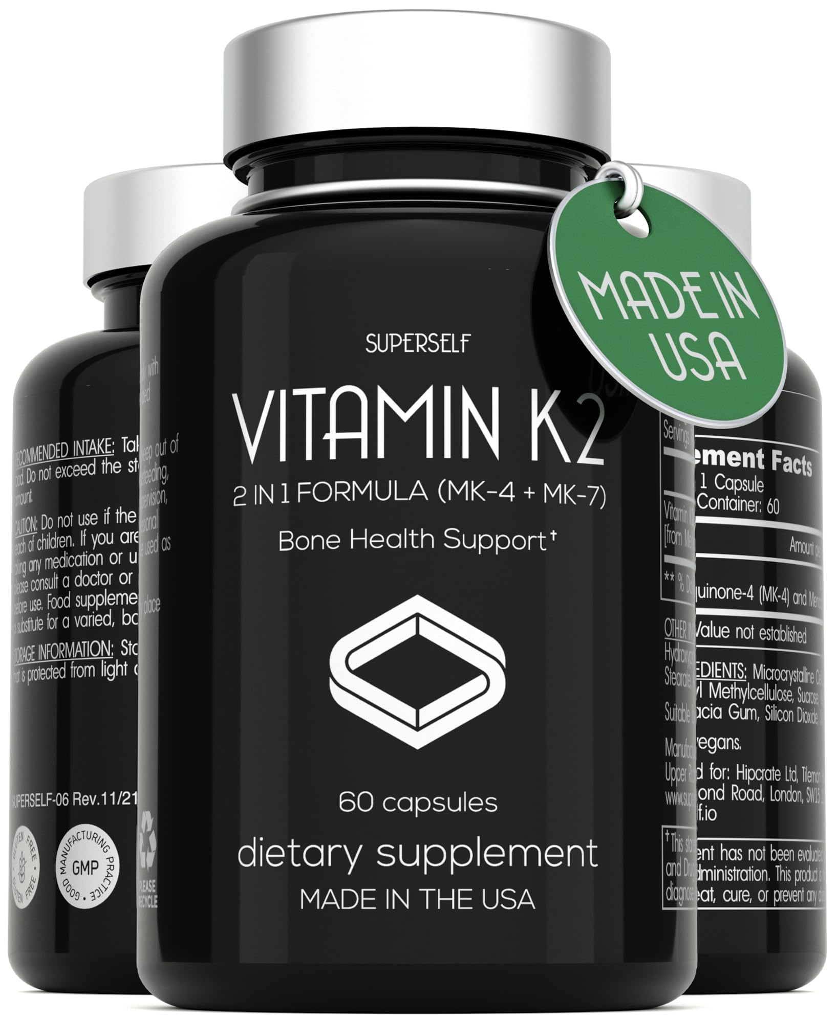 Vitamin K2 Capsules 100 mcg - Vitamin K Complex MK-7 & MK-4-60 Capsules - Vit K2 2 in 1 Formula High Strength Supplement MK7 MK4 - Made in USA - Vegan & Non-GMO