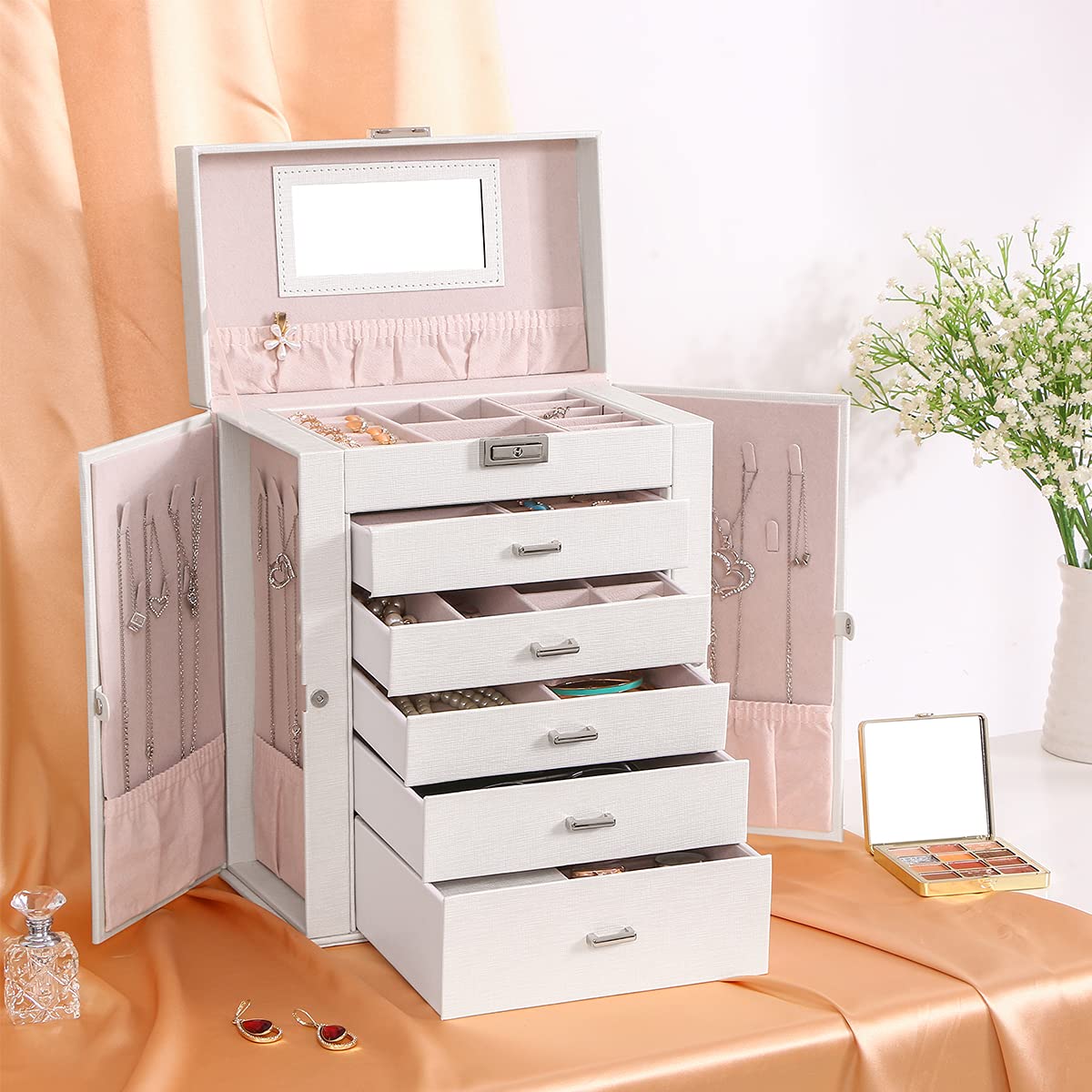 ANWBROAD Huge Jewelry Box 6 Tier Jewelry Organizer Box Display Storage Case Holder with Lock Mirror Girls Jewelry Box for Earrings Rings Necklaces Bracelets Gift Faux Leather Christmas Gifts UJJB004W