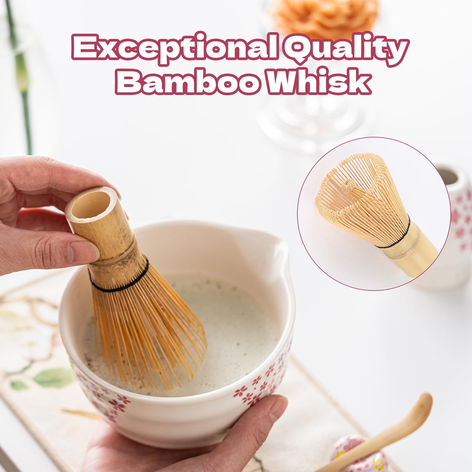 Grnstf Matcha Set 8-Piece Japanese Tea Ceremony Kit with Ceramic Bowl, Bamboo Whisk & Holder, 2 Scoops, Strainer, Tea Cloth - Complete Gift Set for Traditional Brewing(Pink-Floral Print)