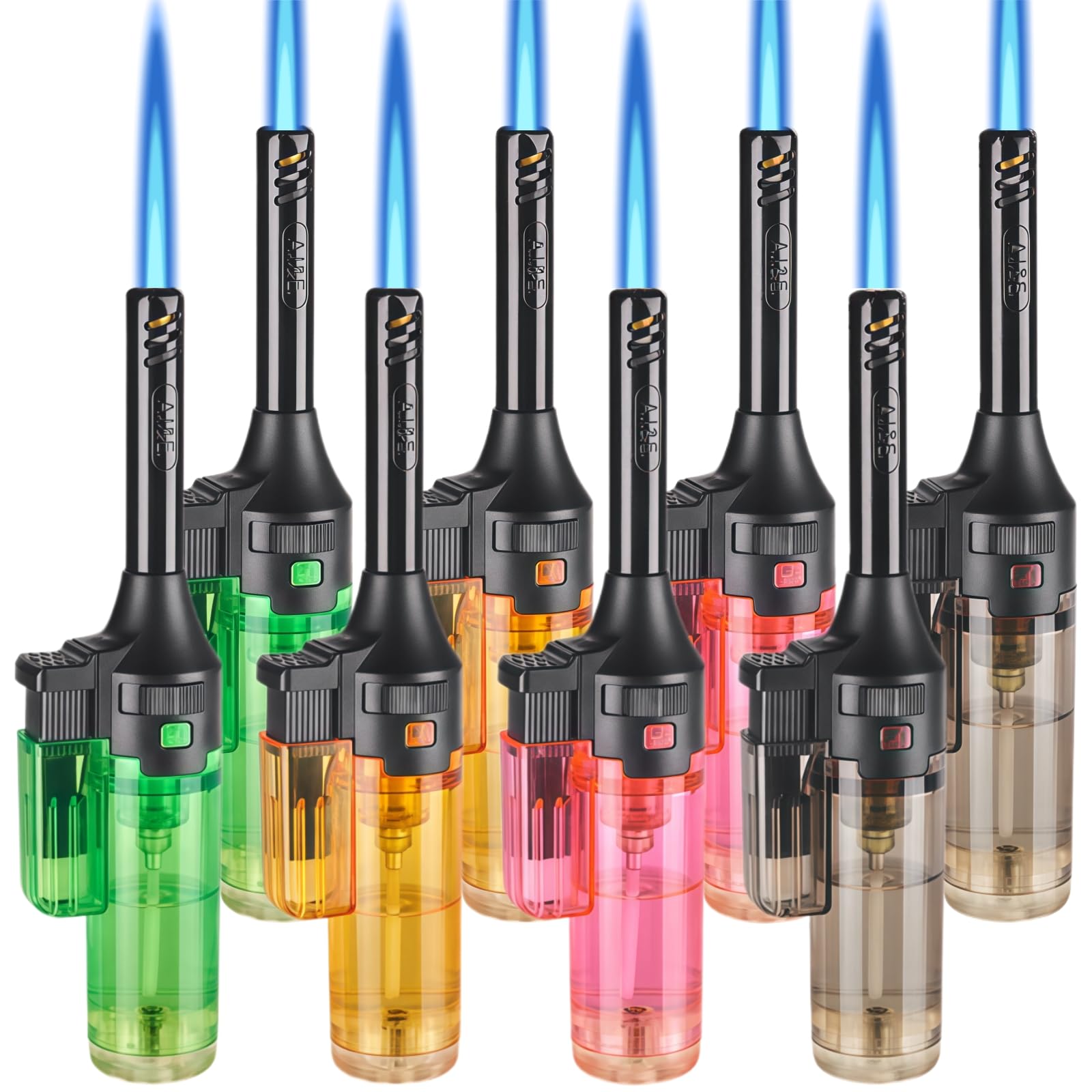 8 Pack Butane Torch Lighter, Mini Refillable Windproof Jet Flame Lighters with Safety Lock, Refillable Adjustable Flame Butane Gas Lighter for Candle Camping Fireplace BBQ Grill(Fuel Not Included)
