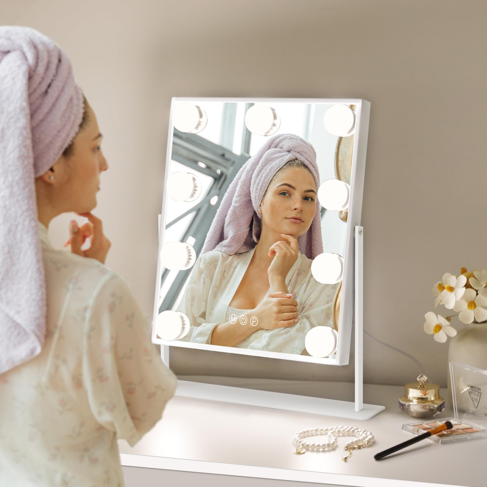 Leishe Vanity Mirror with Lights Hollywood Lighted Makeup Mirror with 9 Dimmable Bulbs & 3 Color Lighting Modes, Detachable 10X Magnification Mirror and 360 Degree Rotation(White)