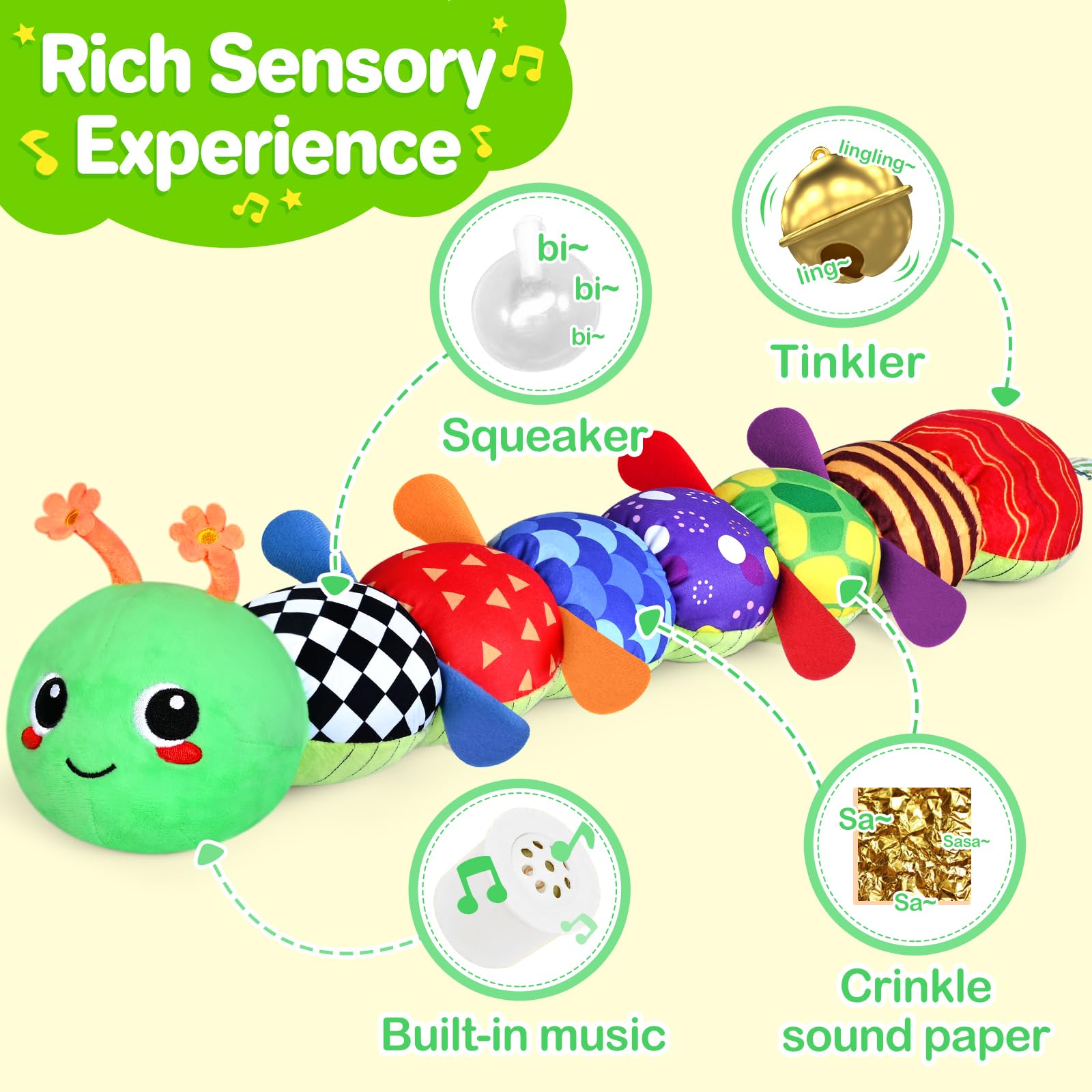 KMUYSL Baby Toys 0-6 6-12 Months, Sensory Music Animal Stuffed Toy for 0 1 2 3 4 5 6+ Months, Plush Toy with Crinkle and Rattles for Infant Newborn, Tummy Time Toys Gifts for 0-3-6-12 Month