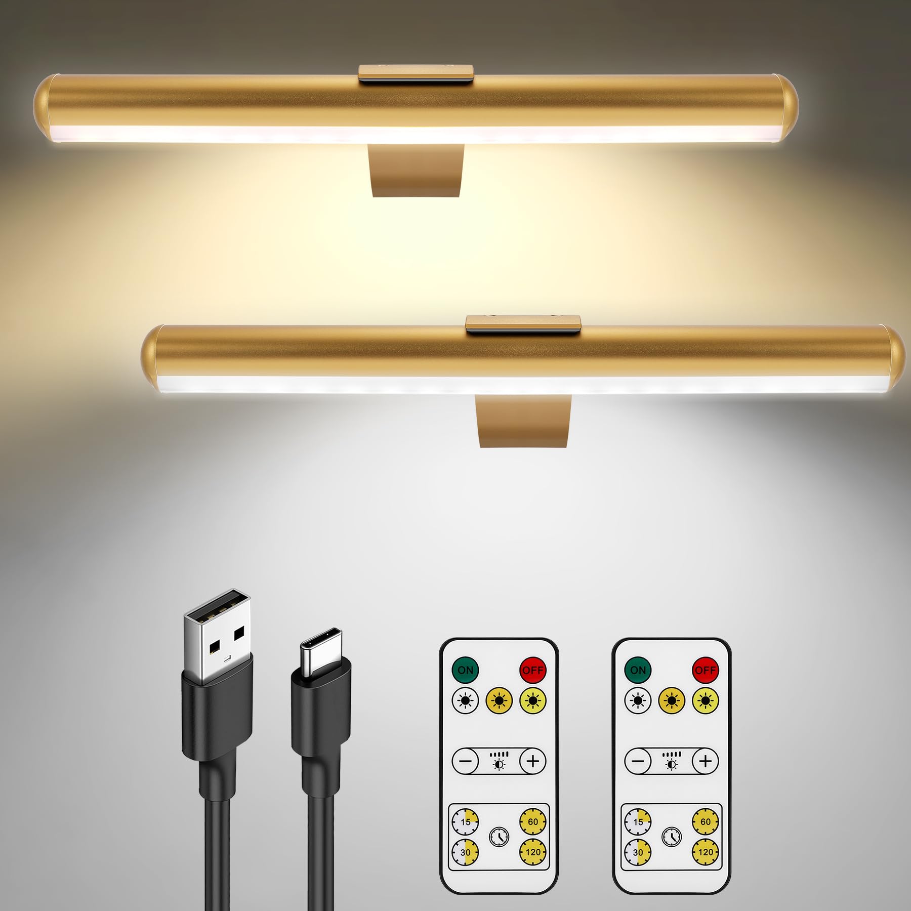TINTINDOC 2-Pack Picture Light with Remote 6000mAh Rechargeable Battery Operated,Painting Light Full Metal Art Light for Wall Light,Dimmable Timer Off Display 400lm 13.5'' for Gallery -Brass