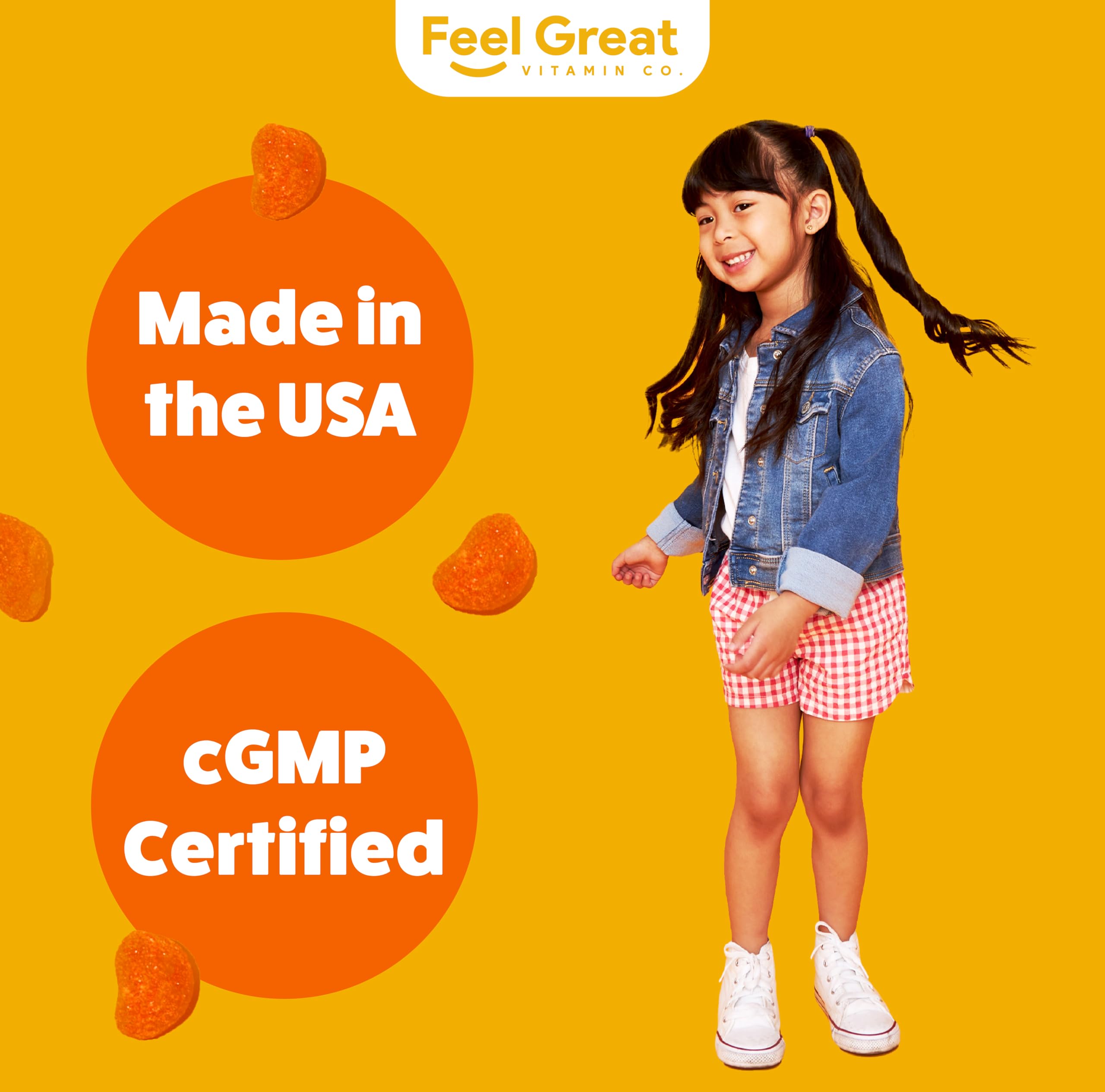 Feel Great Vitamin C Gummies for Kids | Chewable Orange Flavored Gluten Free & Vegetarian Gummies| Immune Support for Kids | 250 MG Kids Vitamin C | 45 Day Supply