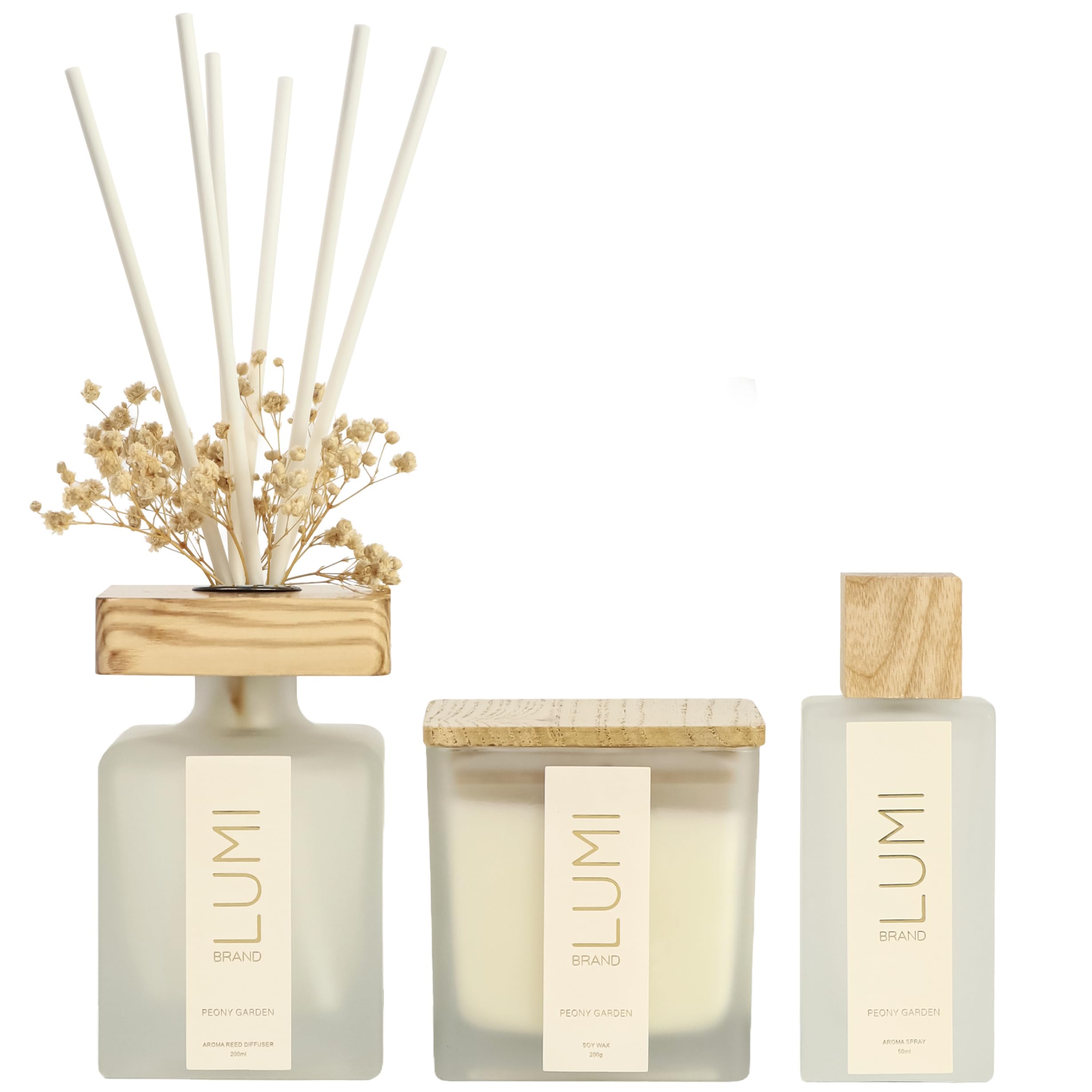 Luxury Aroma Gift Set - Scented Oil Reed Diffuser (200ml), Scented Wood Wick Soy Candle (200g), Aroma Room Spray (50ml) - Includes Dried Flowers, 8 Reed Sticks - Home Fragrance (Peony Garden)