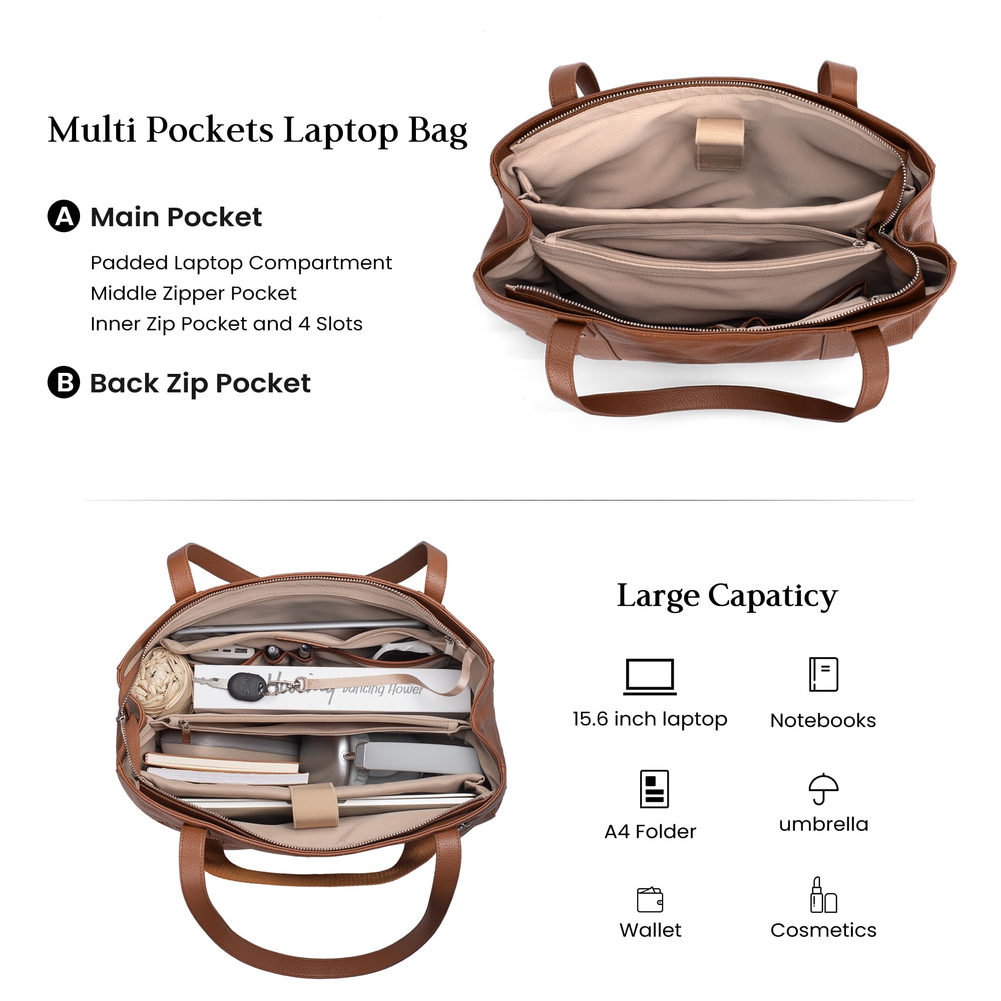 befen Genuine Leather Tote Bag for Women Work, Womens Totes Purse Shoulder Leather Purses Handbags with 15.6 Inch Compartment Cognac Brown