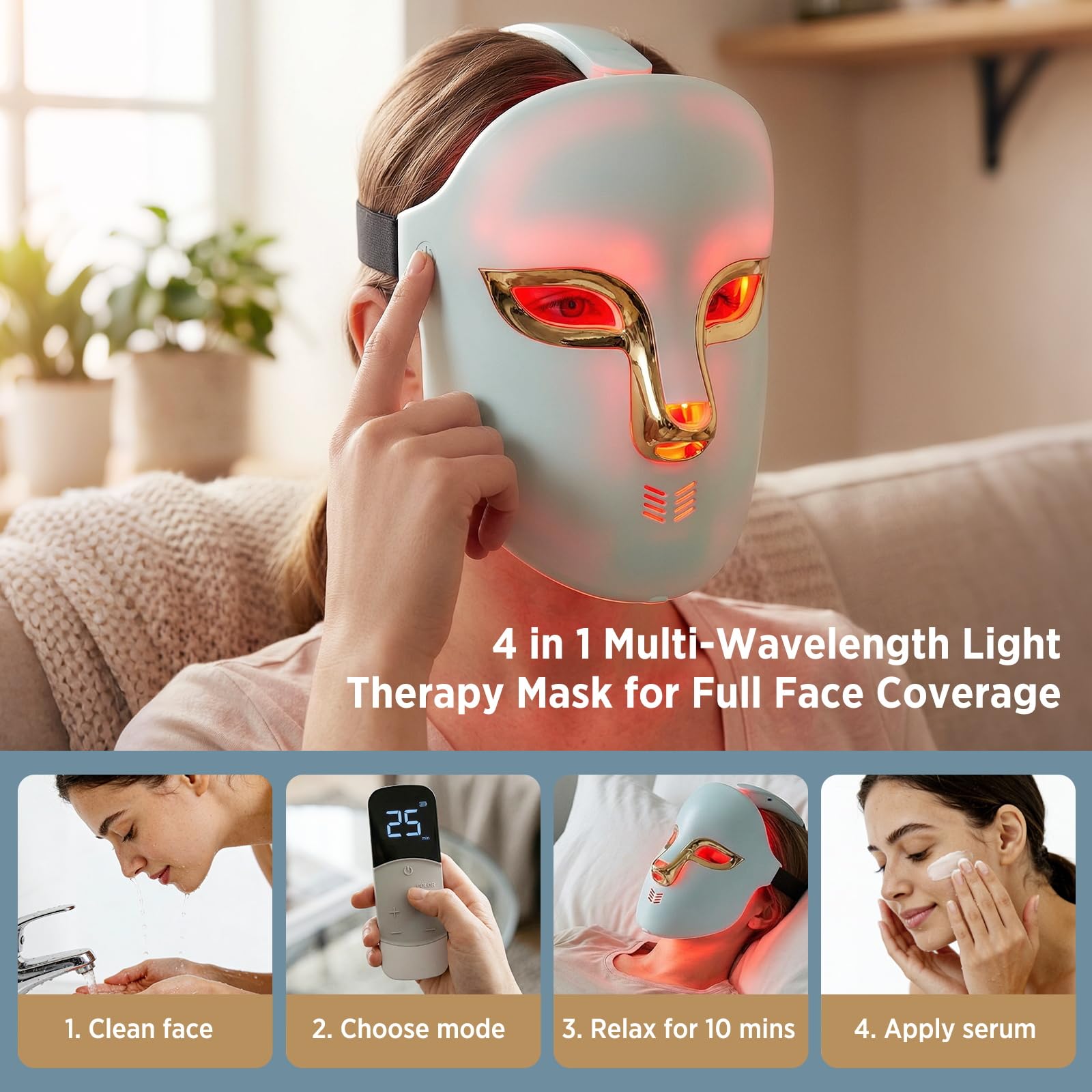 OSITO Cordless Red Light Therapy Mask for Face - 4 in 1 Multi-Wavelength LED Facial Mask Device Full Face Coverage Anti-Aging Acne Skin Care,FSA,HSA Eligible, Gifts for Women Men Home Use AST-805A