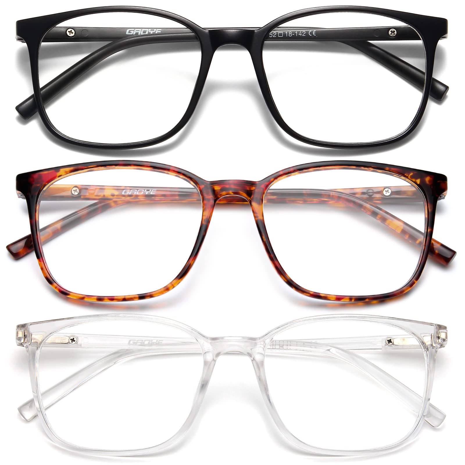 Gaoye Blue Light Blocking Glasses Women/Men, Computer Gaming Fake Eyeglasses Anti UV Ray-Spring Hinge (3 Pack, Matte Black & Tortoiseshell & Transparent)
