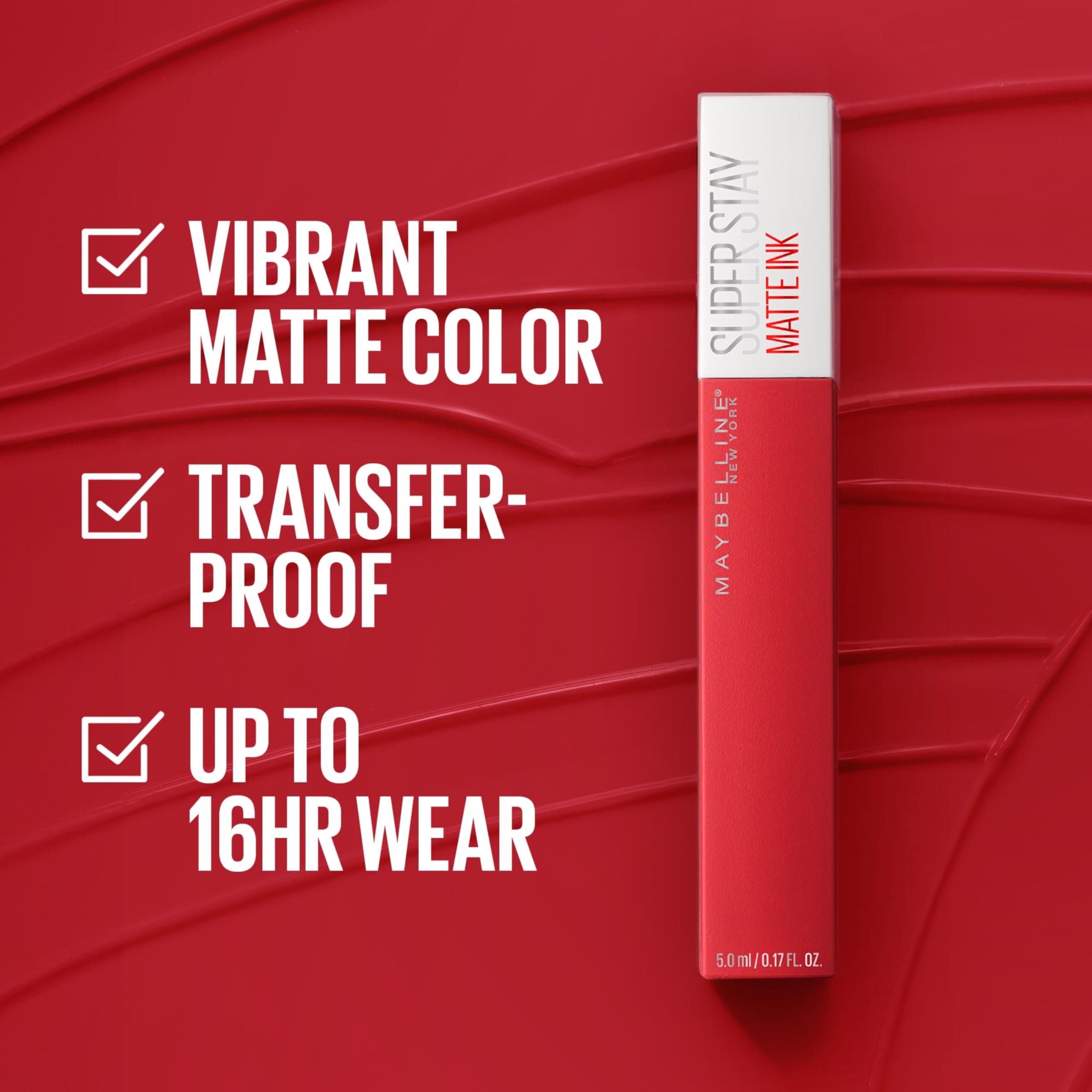 Maybelline Super Stay Matte Ink Liquid Lipstick Makeup, Long Lasting High Impact Color, Up to 16H Wear, Exhilarator, Ruby Red, 1 Count