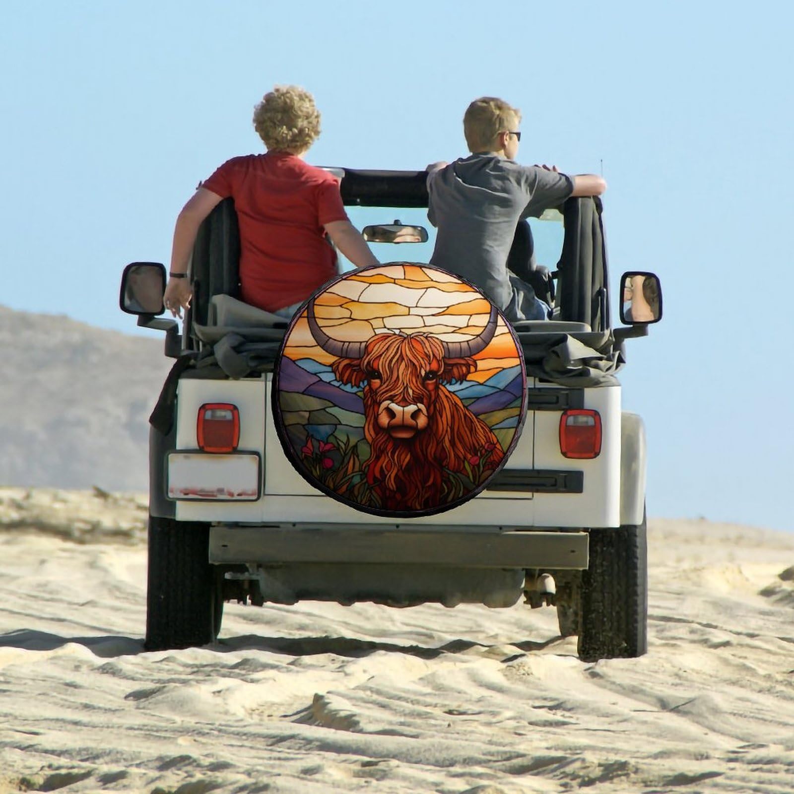 KIOWEIR Spare Tire Cover Highland Cowbright Stained Glass Wheel Tire Cover Universal Dust-Proof Tire Protectors for Trailer Rv Van SUV Truck Camper and Many Vehicle for Diameter 34''