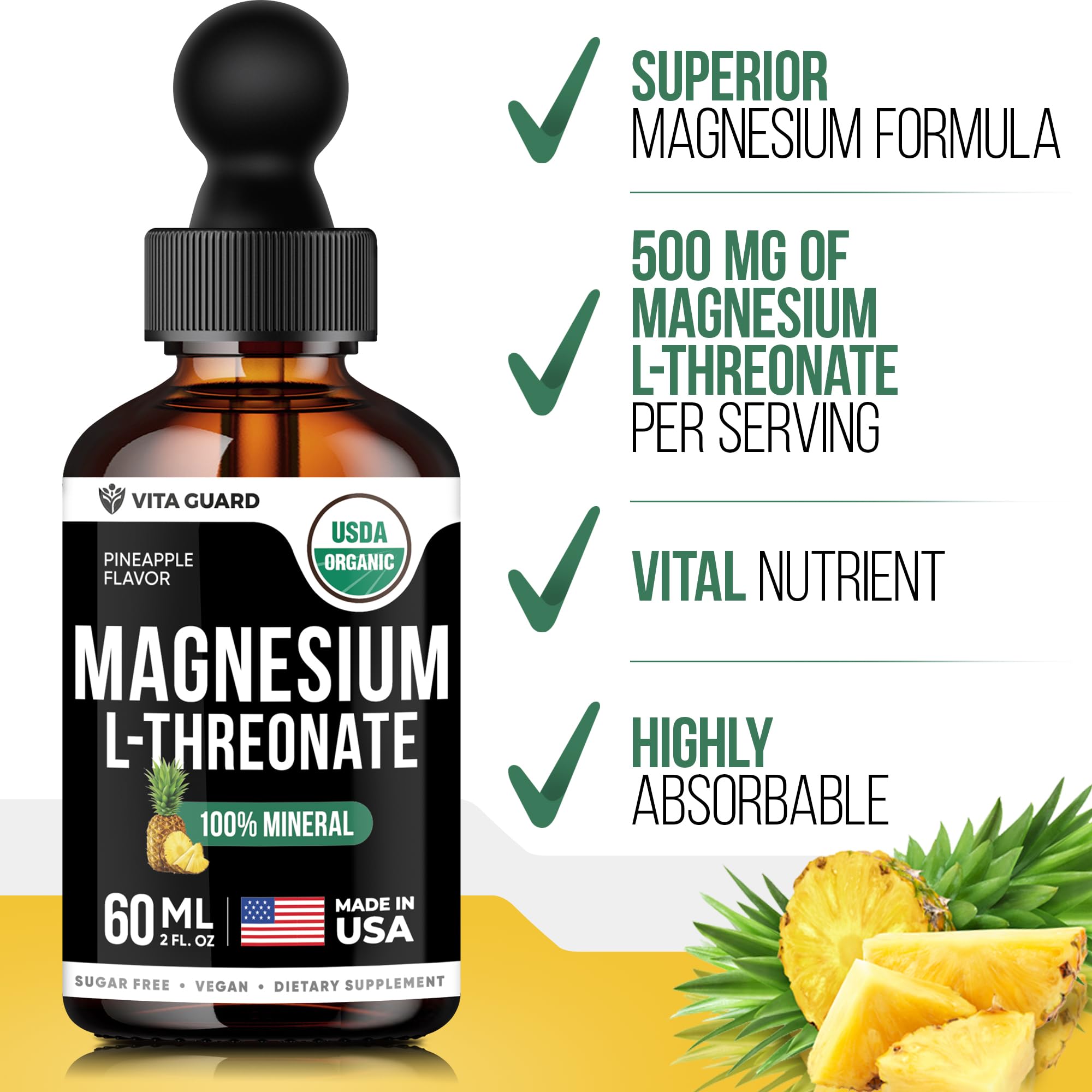 Vita Guard Magnesium L-Threonate Liquid Drops - 500mg Vegan Formula for Brain Health, Pineapple Flavor, 60ML (2 fl oz) | Gluten-Free, Non-GMO