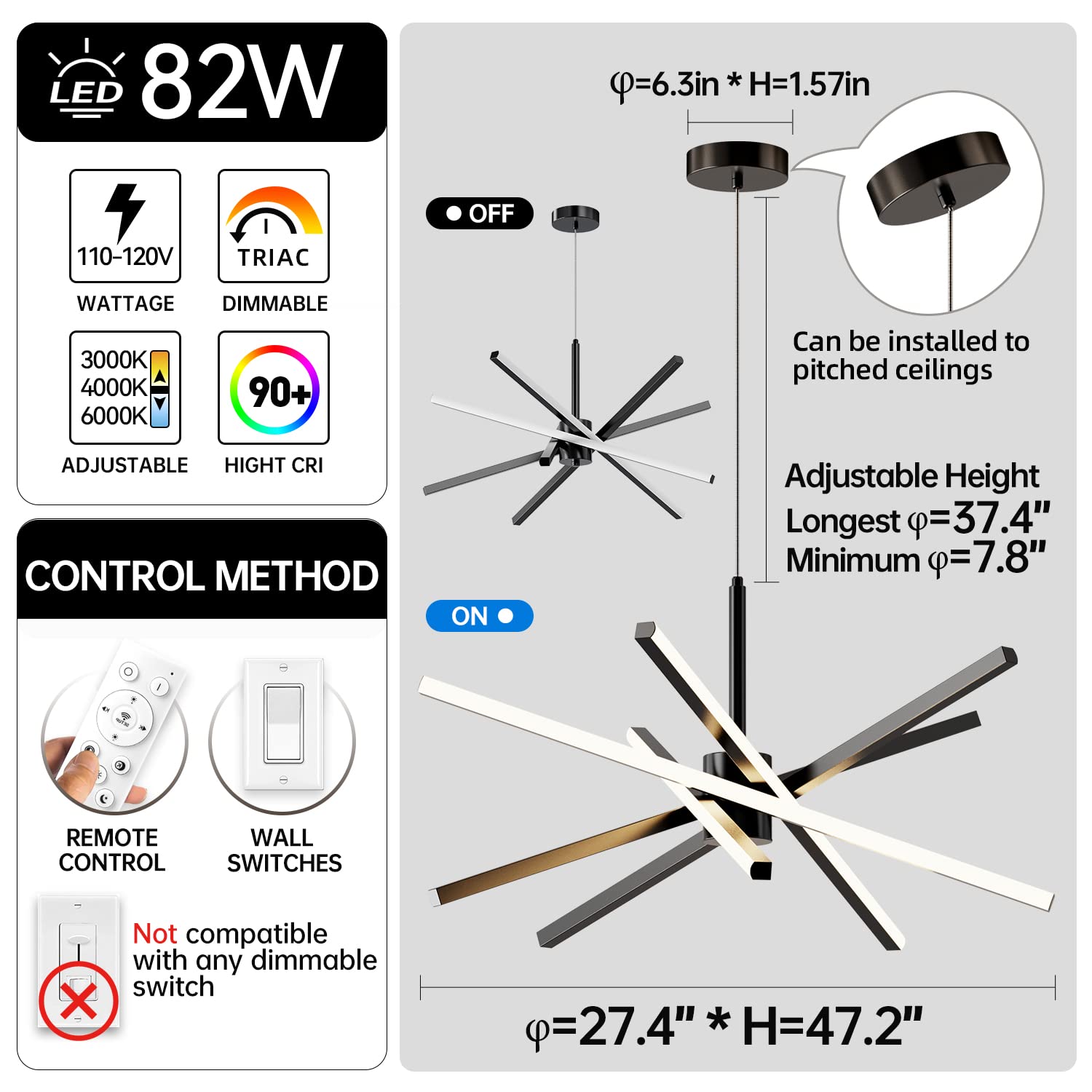 Modern Sputnik Chandelier Ceiling 82W LED Black Pendant Light Embedded Mount Chandeliers Dining Room Light Fixtures Over Table Dimmable with Remote Control for Living Room Kitchen Bedroom 31.5 inches