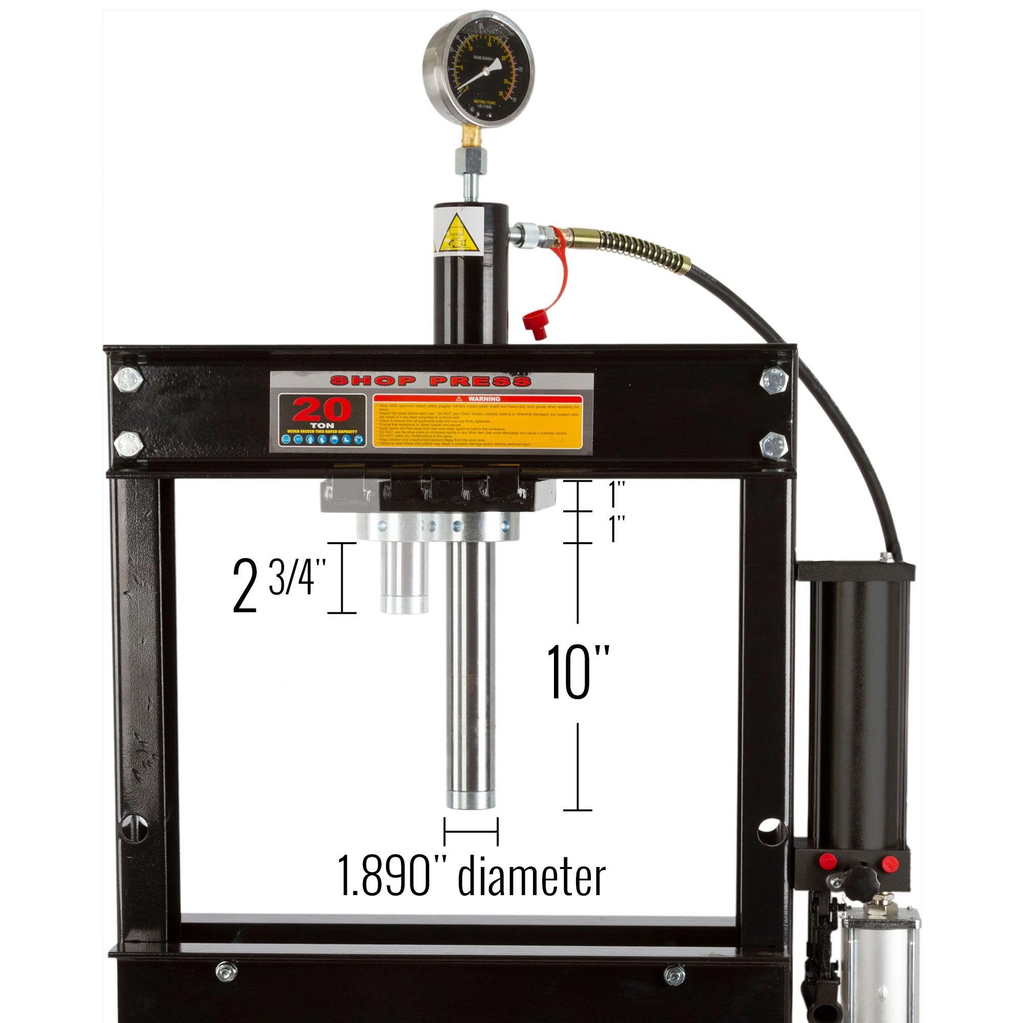Black Widow 20 Ton Air-Operated Steel H-Frame Garage Adjustable Shop Press with Plates and Pressure Gauge 20T
