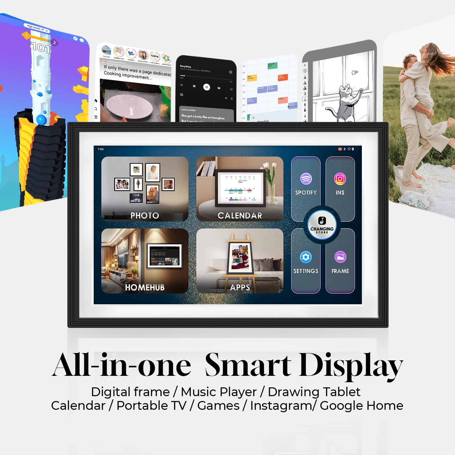 Changing 10.1" Smart Display F10s| Digital Picture Frame丨Anti-Glare touchscreen丨Google Calendar&HomeHub&Voice assistant丨Portable TV丨Gift for Family丨Music Speaker丨Kid Artworks ((F10-White&Black)