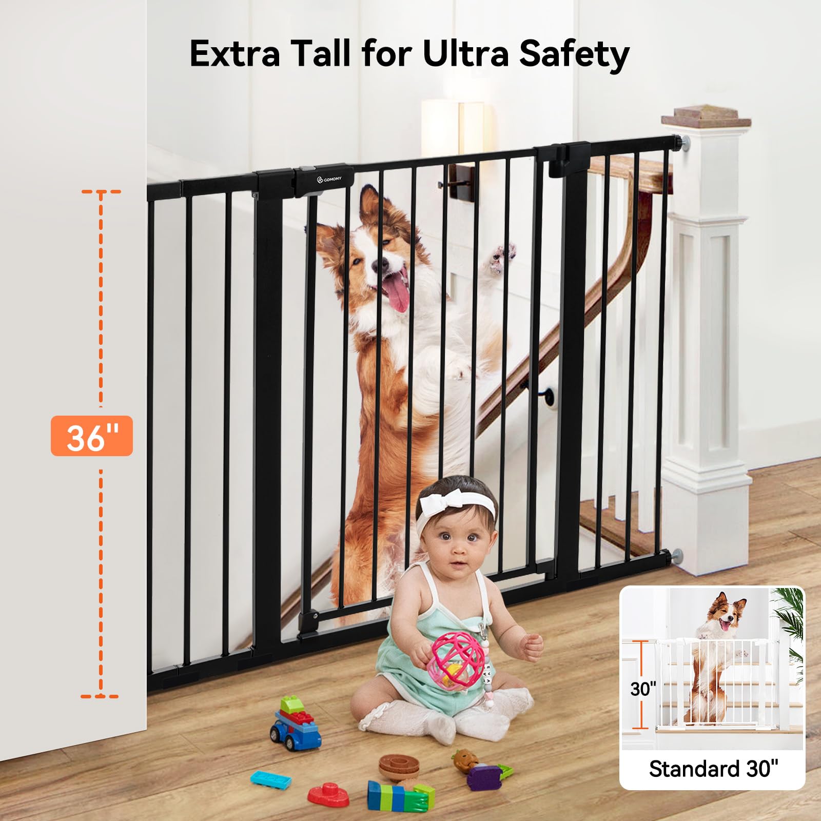 COMOMY 36" Extra Tall Baby Gate for Stairs Doorways, Fits Openings 29.5" to 48.8" Wide, Auto Close Extra Wide Dog Gate for House, Pressure Mounted Easy Walk Through Pet Gate with Door, Black