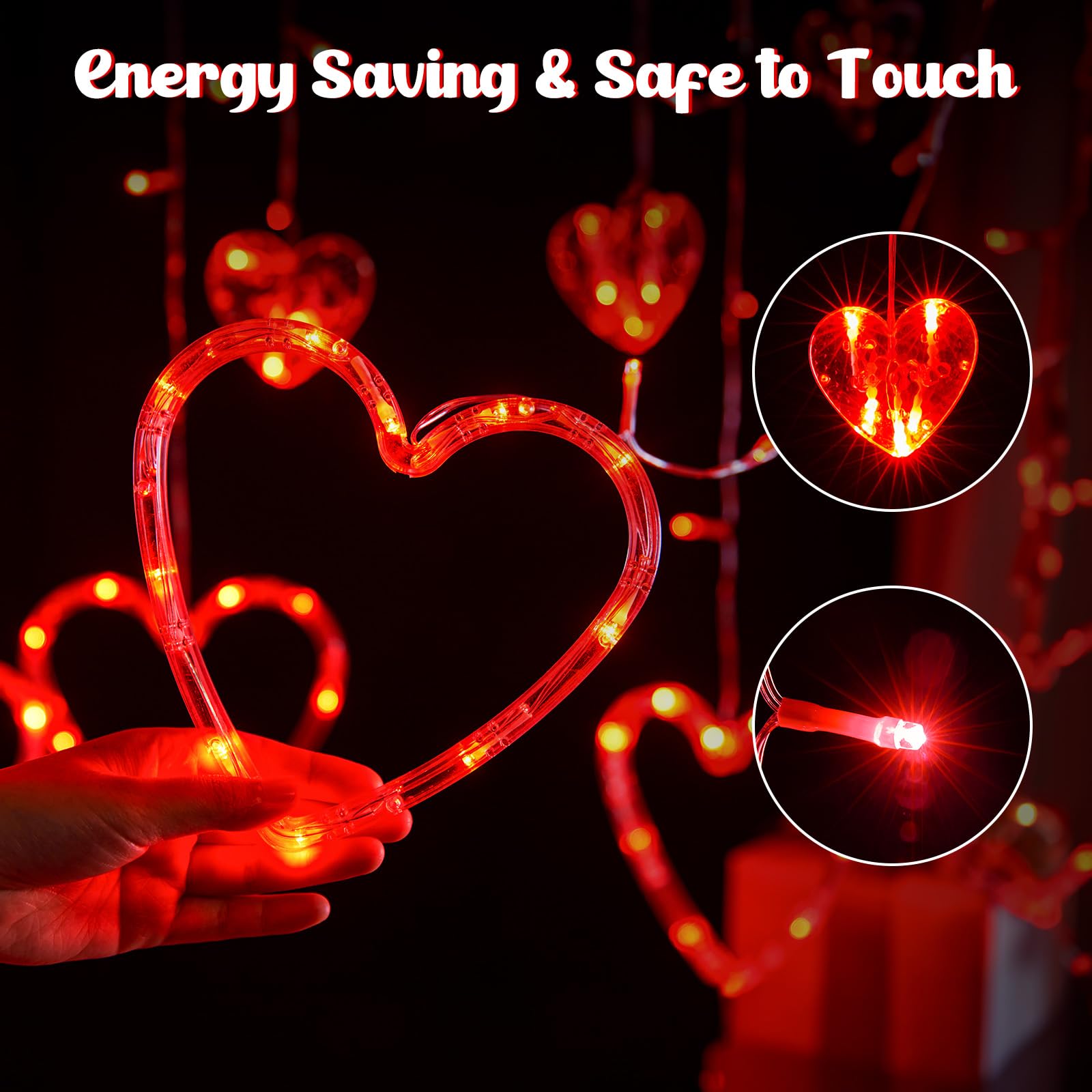 Valentines Day Decor, Red Love Heart String Lights for Bedroom, 12 Hearts 138 LED Fairy Twinkle Lights with Remote, 8 Lighting Modes Connectable Window Lights for Valentine's Day Wedding Home Decor