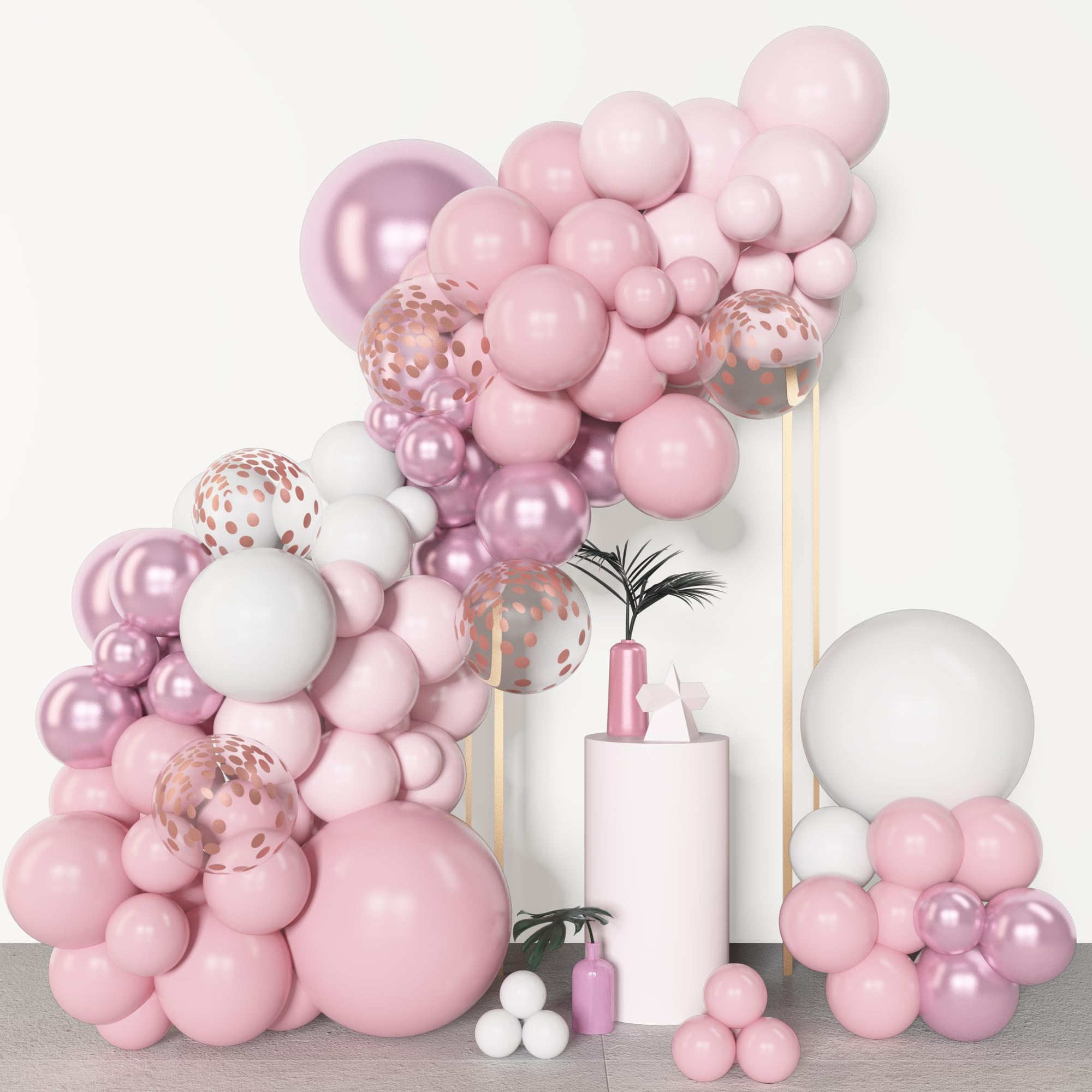 Amandir 153pcs Pink White Balloons Arch Garland Kit, Different Sizes 18 12 10 5inch Pastel Light Latex Metallic Confetti Pink Balloons for Baby Shower Wedding Bow Coquette Birthday Party Decorations